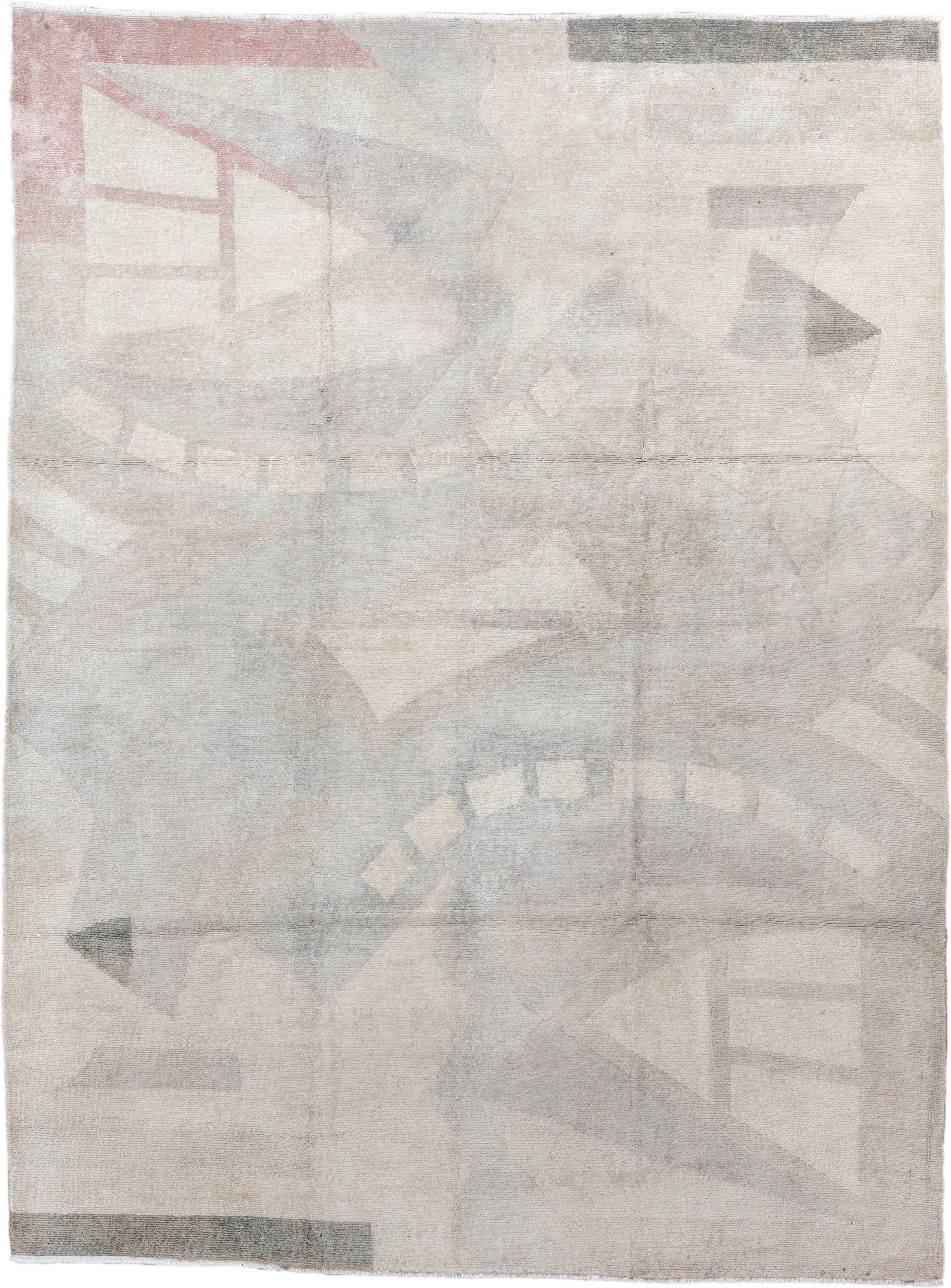 8' x 10' one-of-a-kind handmade vintage Tibetan large size rug. Color palette: ivory, pale gray, taupe, blush, charcoal