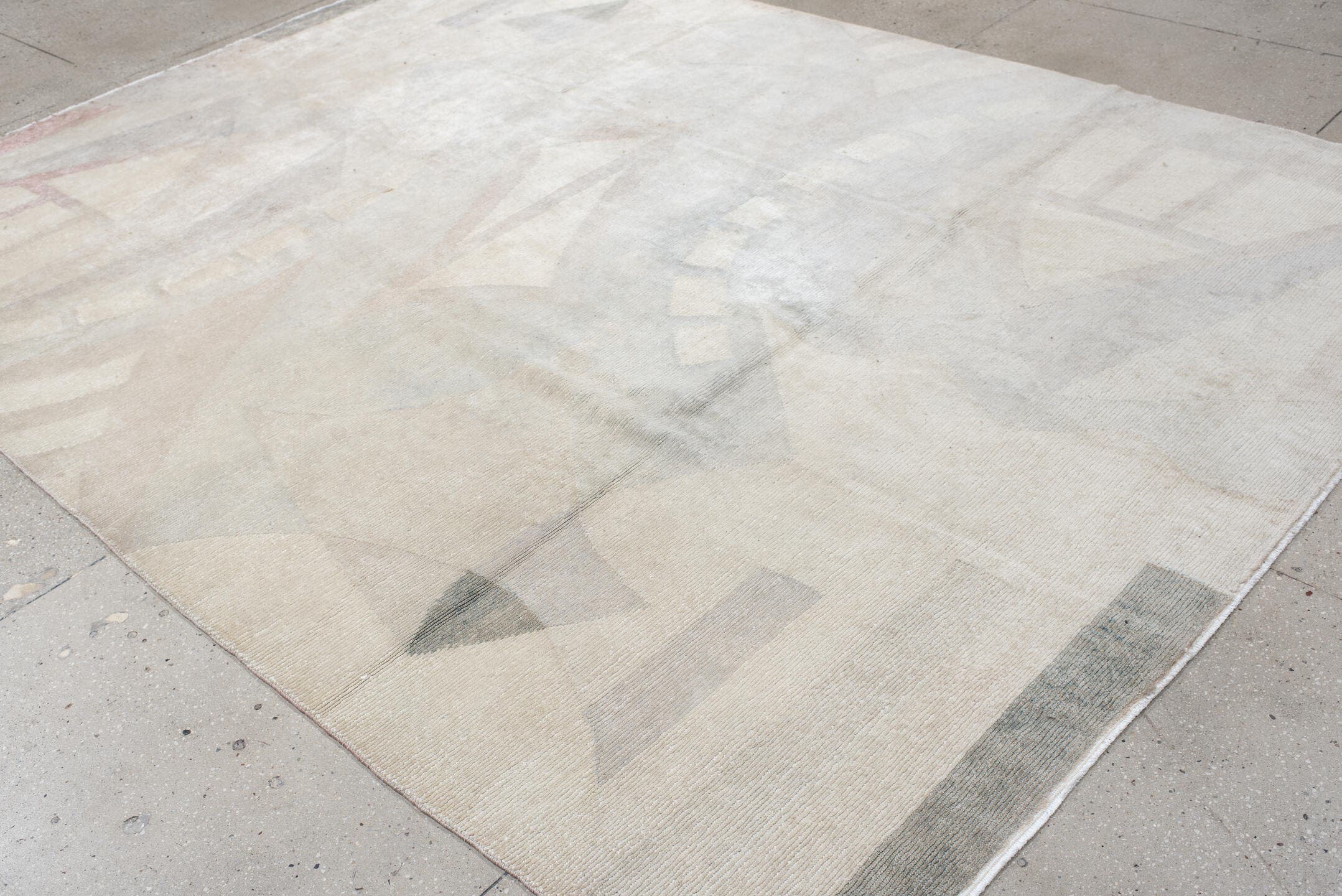 8' x 10' one-of-a-kind handmade vintage Tibetan large size rug. Color palette: ivory, pale gray, taupe, blush, charcoal