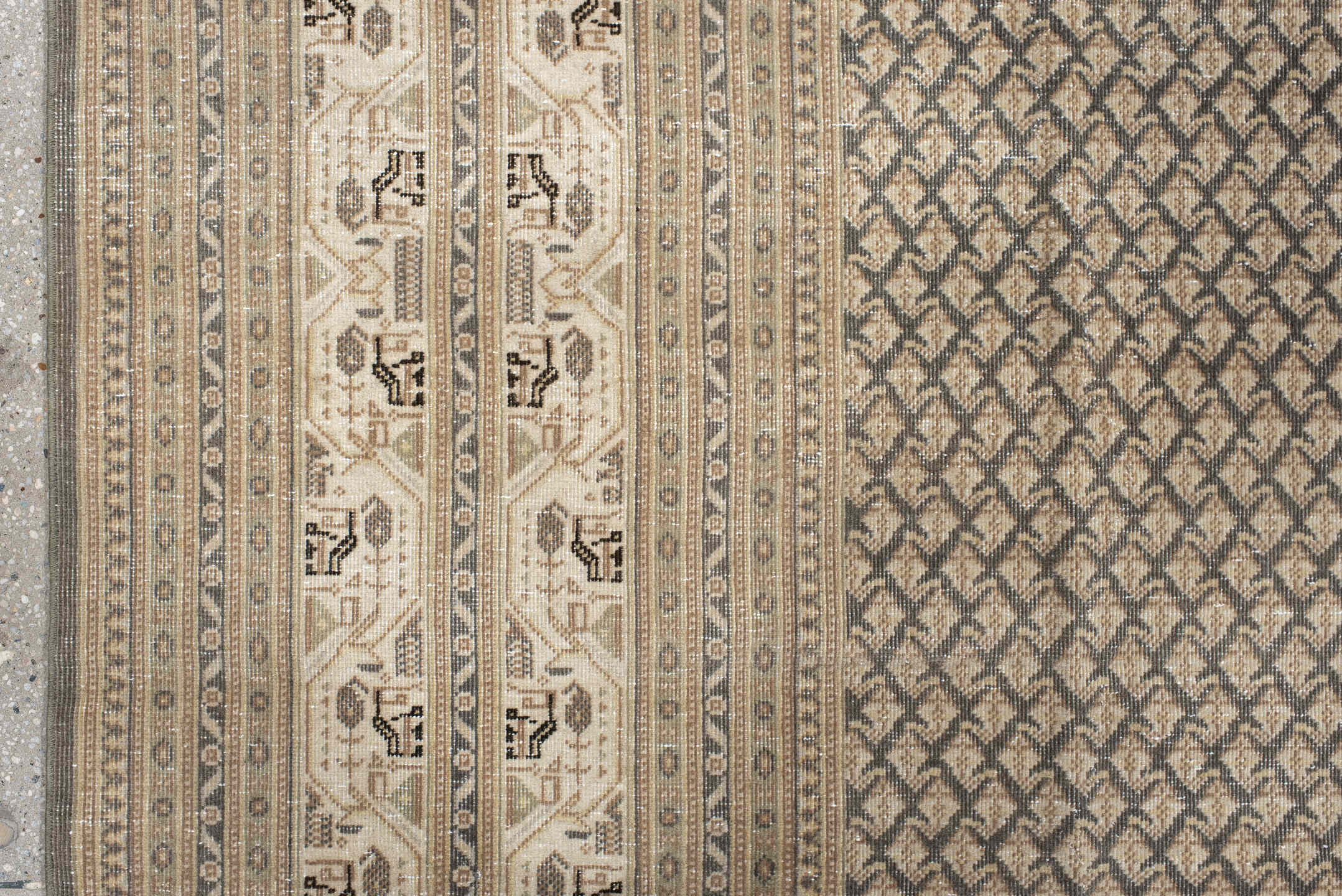 9' x 9' one-of-a-kind handmade vintage Saraband rug. Color palette: pink, off-white, gray, brown, light gray, antiquewhite