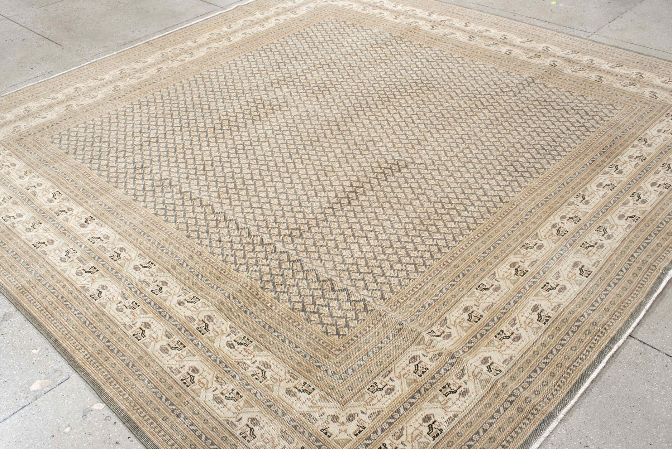 9' x 9' one-of-a-kind handmade vintage Saraband rug. Color palette: pink, off-white, gray, brown, light gray, antiquewhite