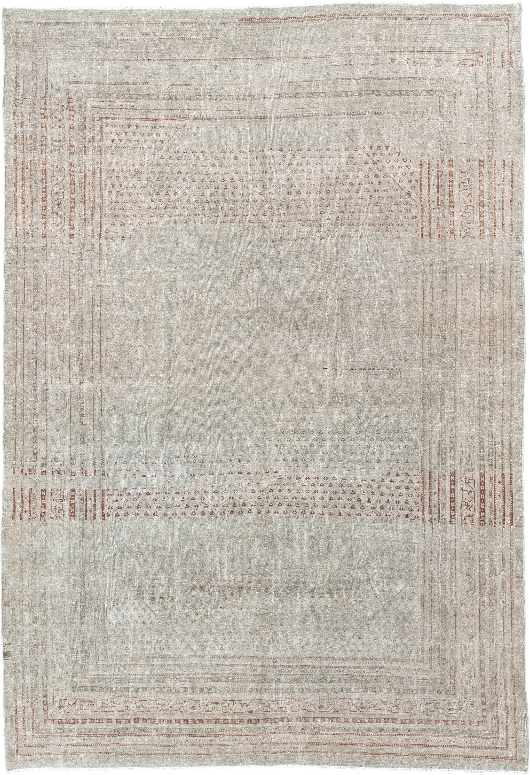 8' x 11' one-of-a-kind handmade antique Mir large size rug. Color palette: ivory, taupe, rust, beige, camel, gray