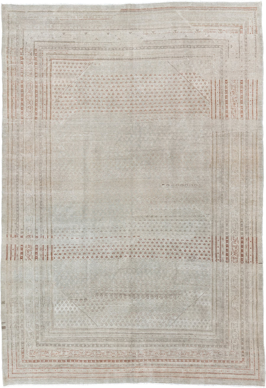 8' x 11' one-of-a-kind handmade antique Mir large size rug. Color palette: ivory, taupe, rust, beige, camel, gray