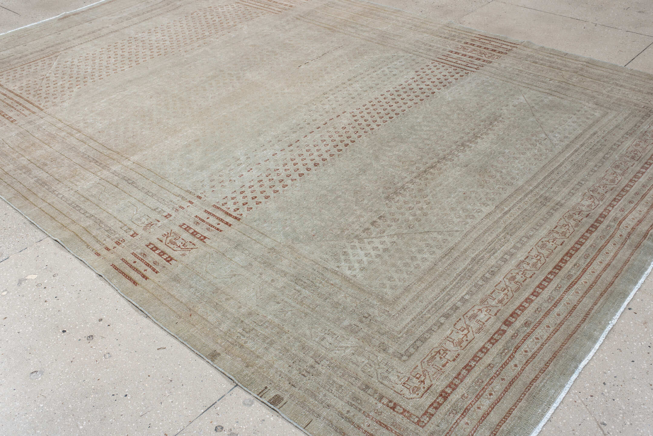 8' x 11' one-of-a-kind handmade antique Mir large size rug. Color palette: ivory, taupe, rust, beige, camel, gray