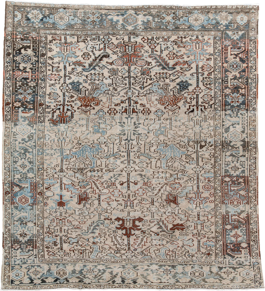 7' x 8' one-of-a-kind handmade antique Heriz rug. Color palette: ivory, sky blue, slate, taupe, rust, charcoal, camel
