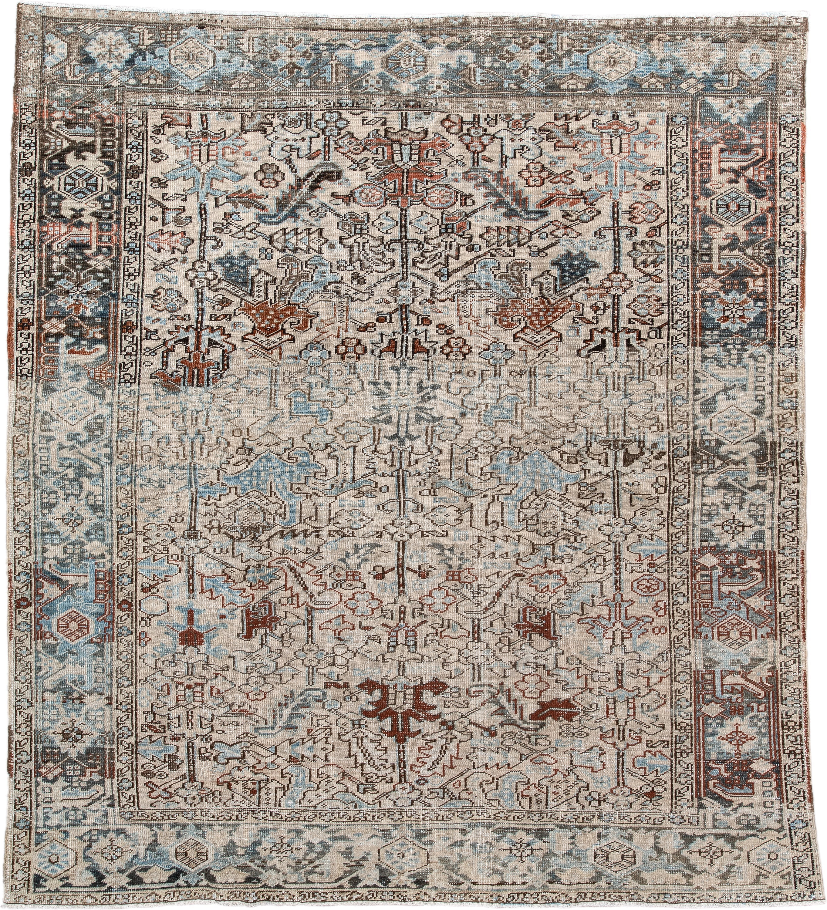 7' x 8' one-of-a-kind handmade antique Heriz rug. Color palette: ivory, sky blue, slate, taupe, rust, charcoal, camel