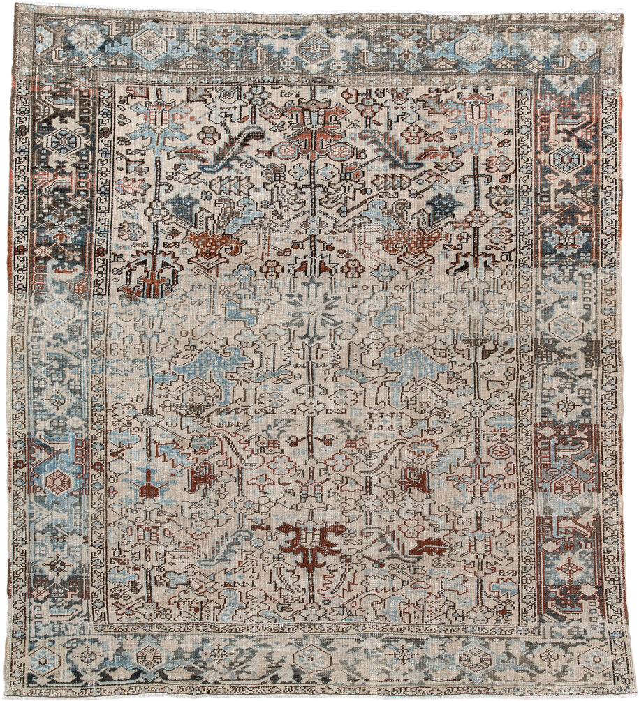 7' x 8' one-of-a-kind handmade antique Heriz rug. Color palette: ivory, sky blue, slate, taupe, rust, charcoal, camel