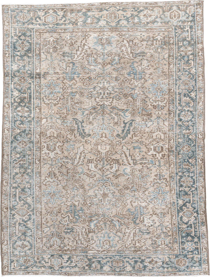 6' x 8' one-of-a-kind handmade antique Heriz medium size rug. Color palette: taupe, ivory, sky blue, sand, beige, slate