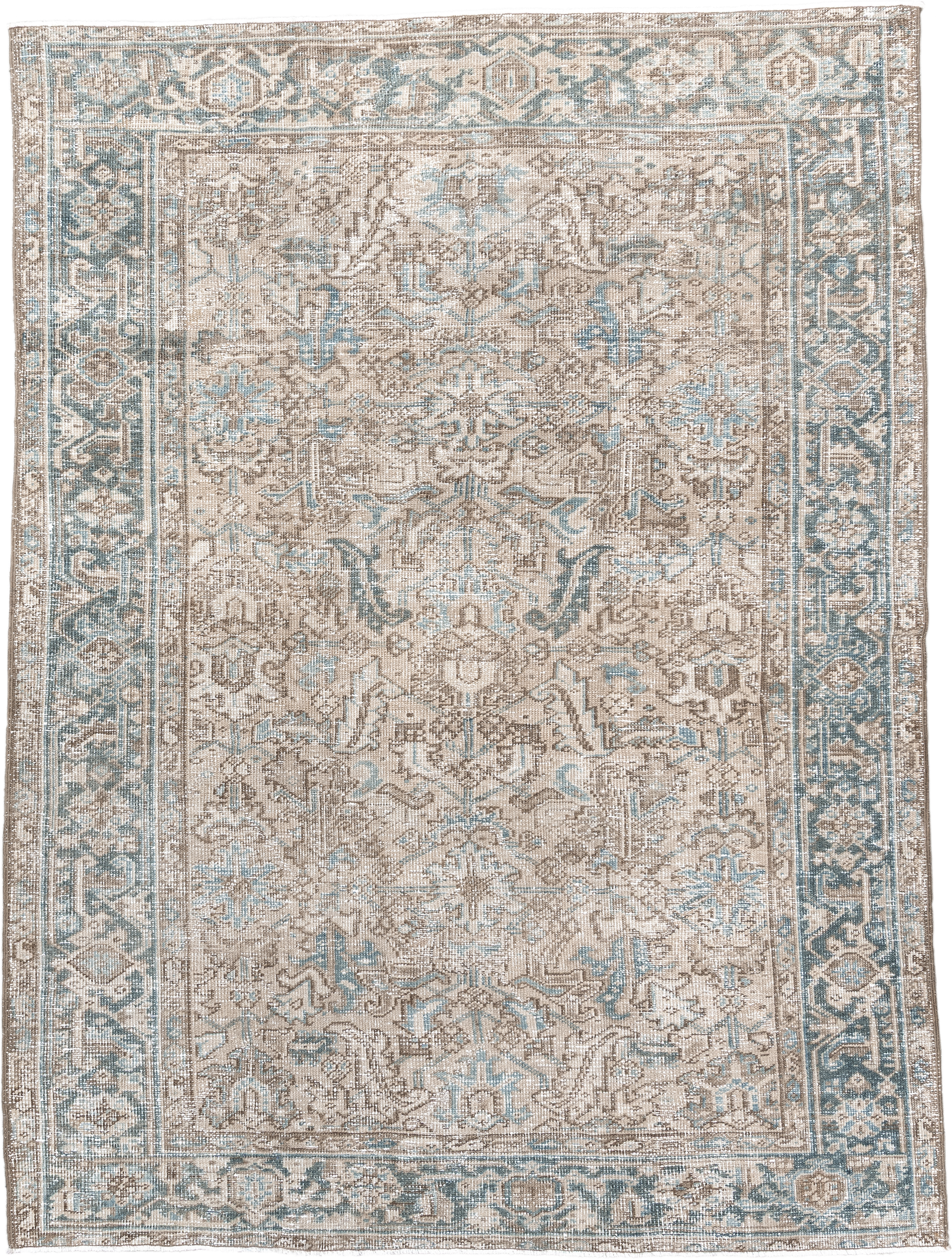 6' x 8' one-of-a-kind handmade antique Heriz medium size rug. Color palette: taupe, ivory, sky blue, sand, beige, slate