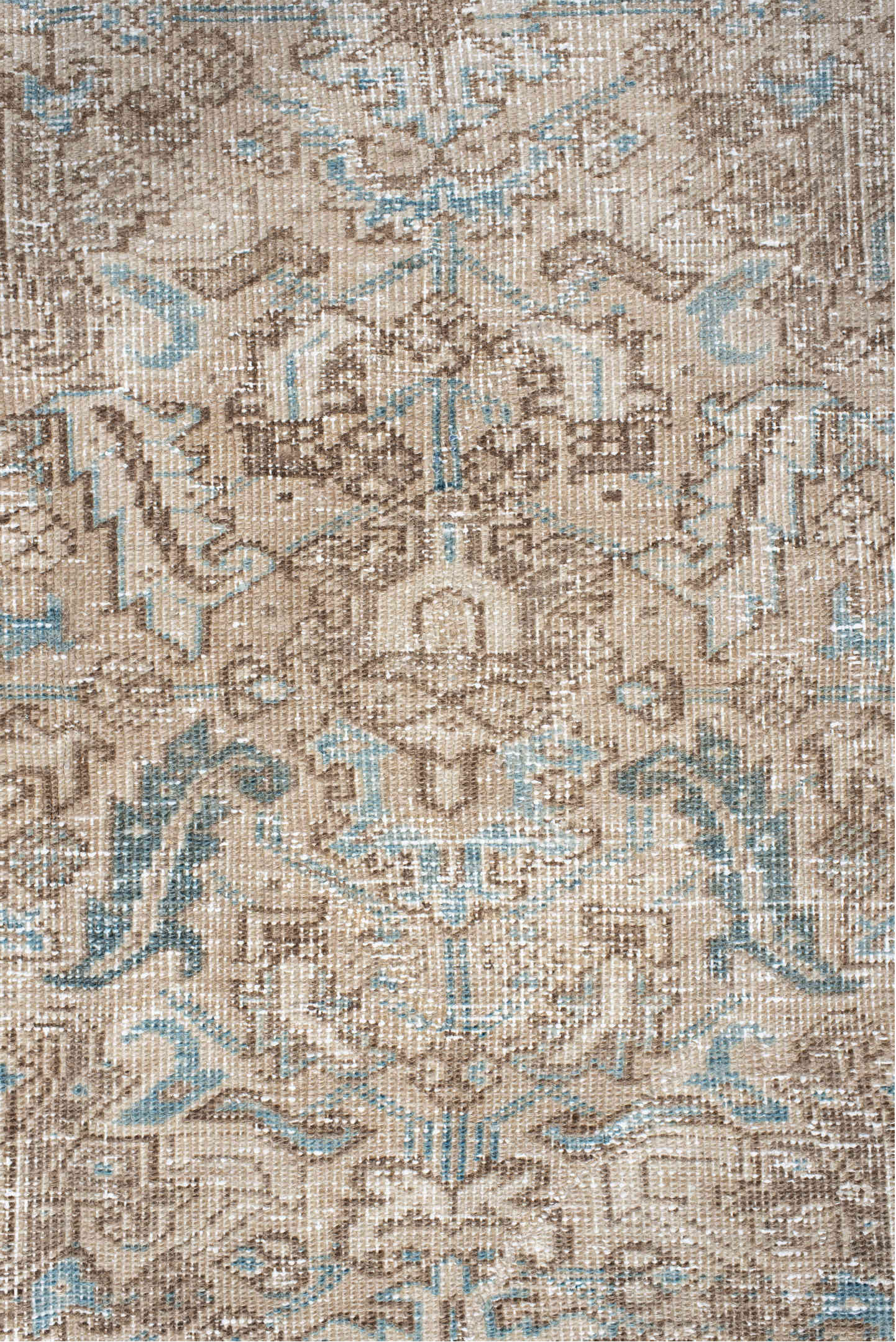 6' x 8' one-of-a-kind handmade antique Heriz medium size rug. Color palette: taupe, ivory, sky blue, sand, beige, slate