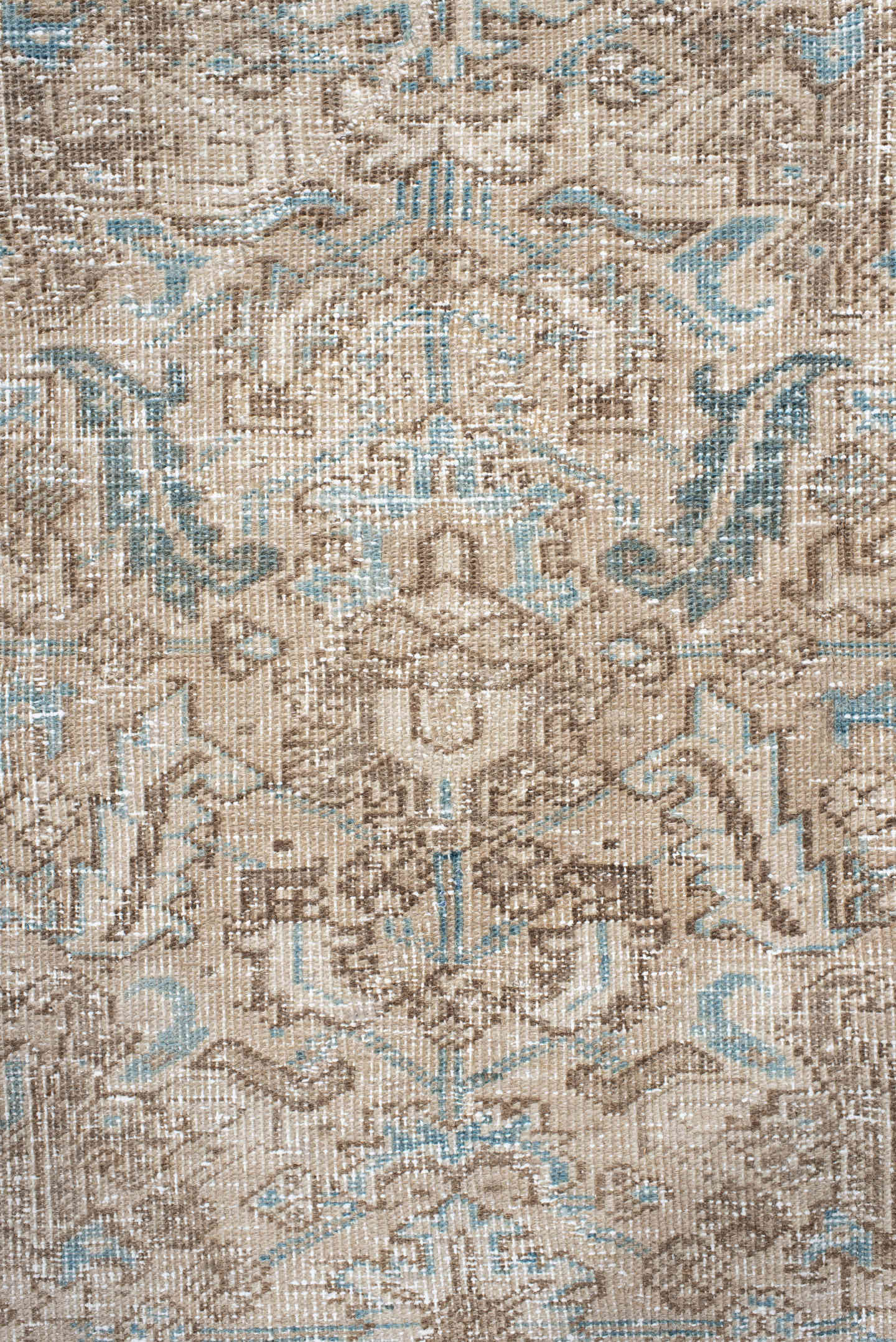 6' x 8' one-of-a-kind handmade antique Heriz medium size rug. Color palette: taupe, ivory, sky blue, sand, beige, slate