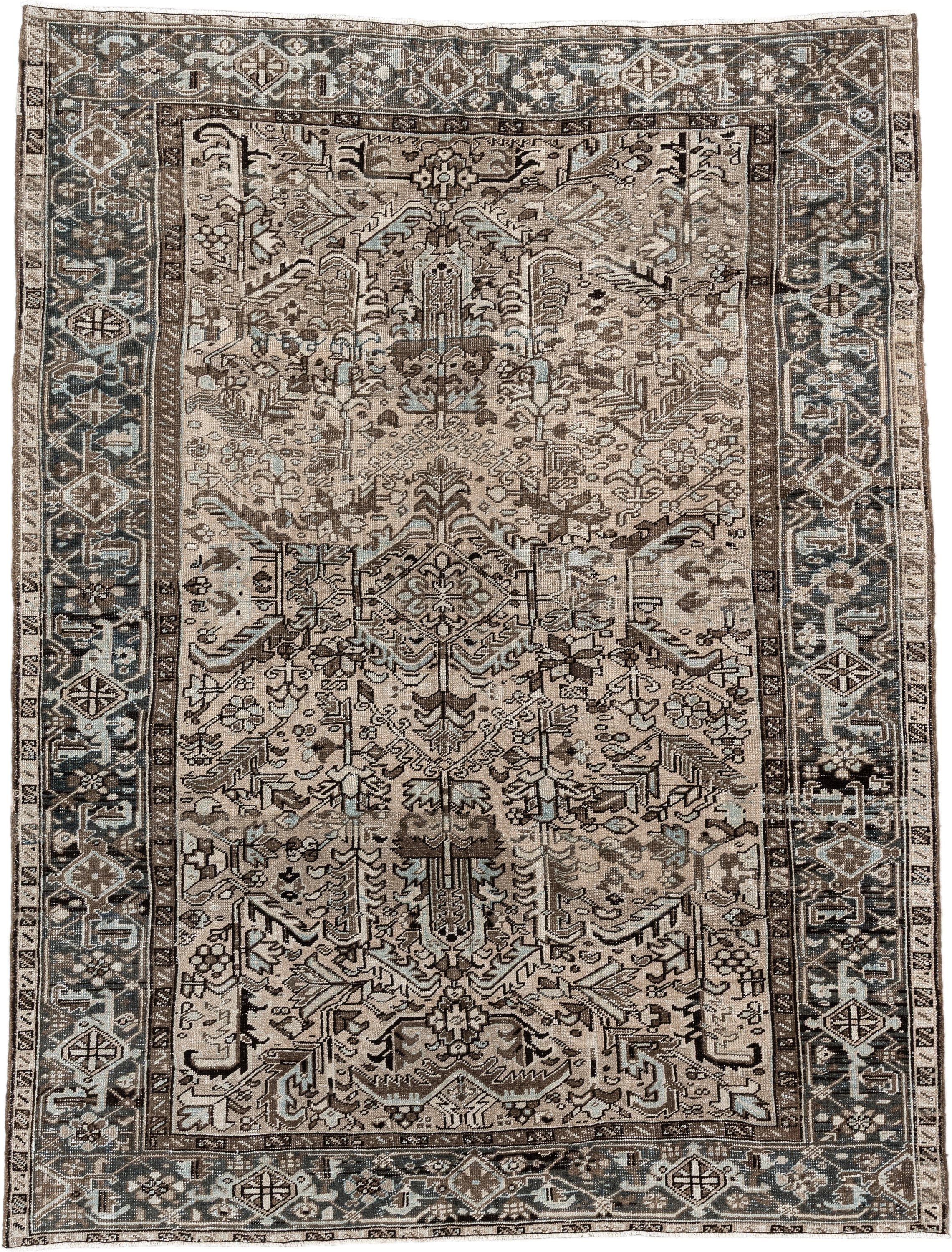 6' x 8' one-of-a-kind handmade antique  medium size rug. Color palette: ivory, taupe, slate, charcoal, brown, sky blue