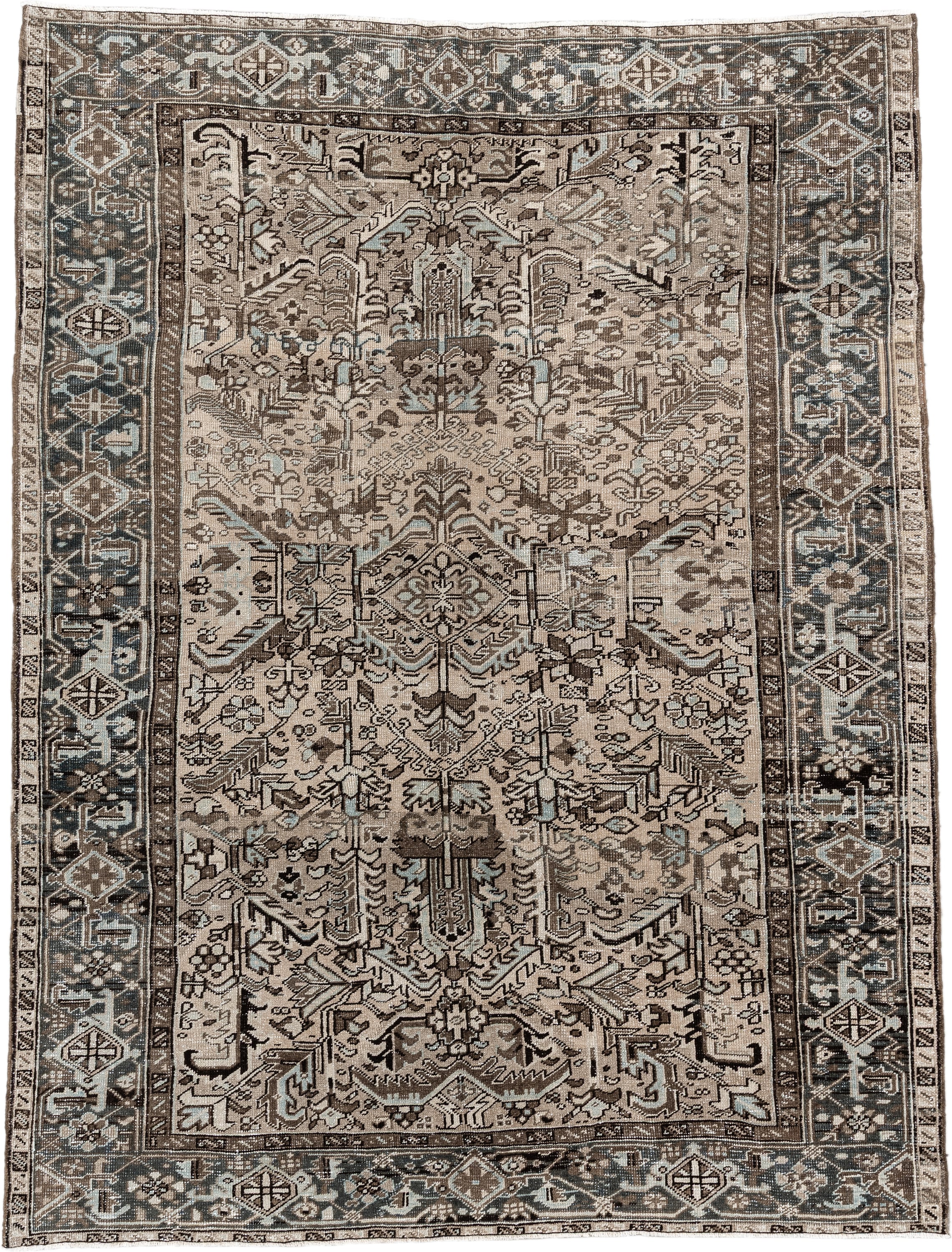 6' x 8' one-of-a-kind handmade antique  medium size rug. Color palette: ivory, taupe, slate, charcoal, brown, sky blue