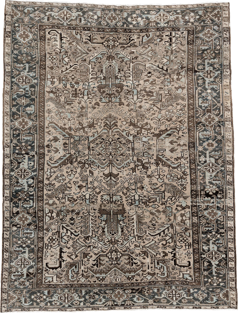 6' x 8' one-of-a-kind handmade antique  medium size rug. Color palette: ivory, taupe, slate, charcoal, brown, sky blue