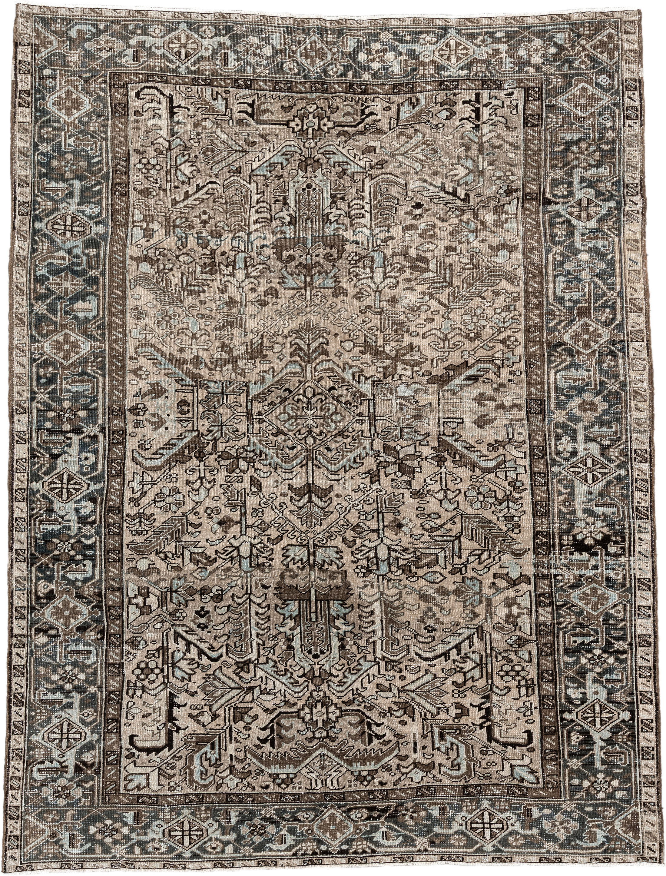 6' x 8' one-of-a-kind handmade antique  medium size rug. Color palette: ivory, taupe, slate, charcoal, brown, sky blue