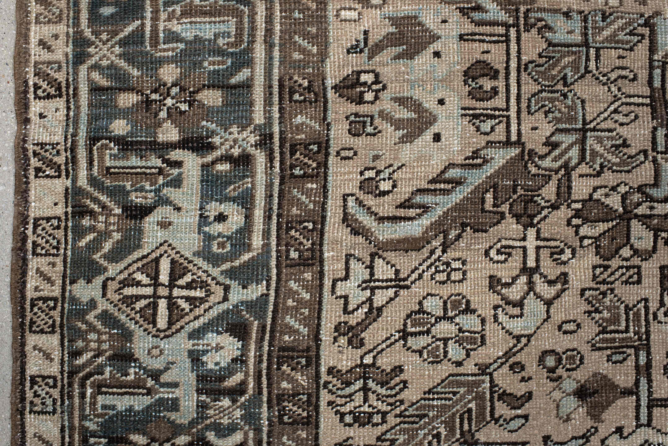 6' x 8' one-of-a-kind handmade antique  medium size rug. Color palette: ivory, taupe, slate, charcoal, brown, sky blue