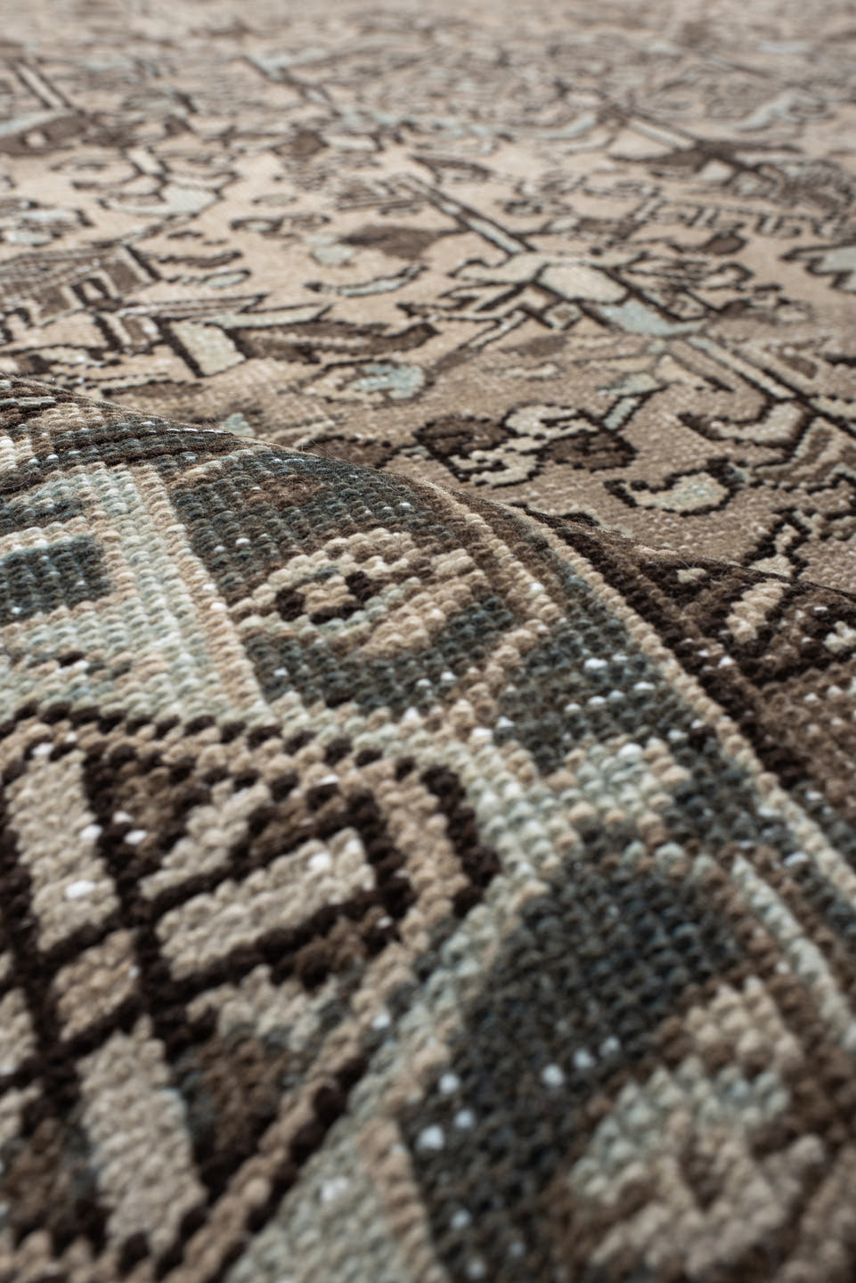 6' x 8' one-of-a-kind handmade antique  medium size rug. Color palette: ivory, taupe, slate, charcoal, brown, sky blue