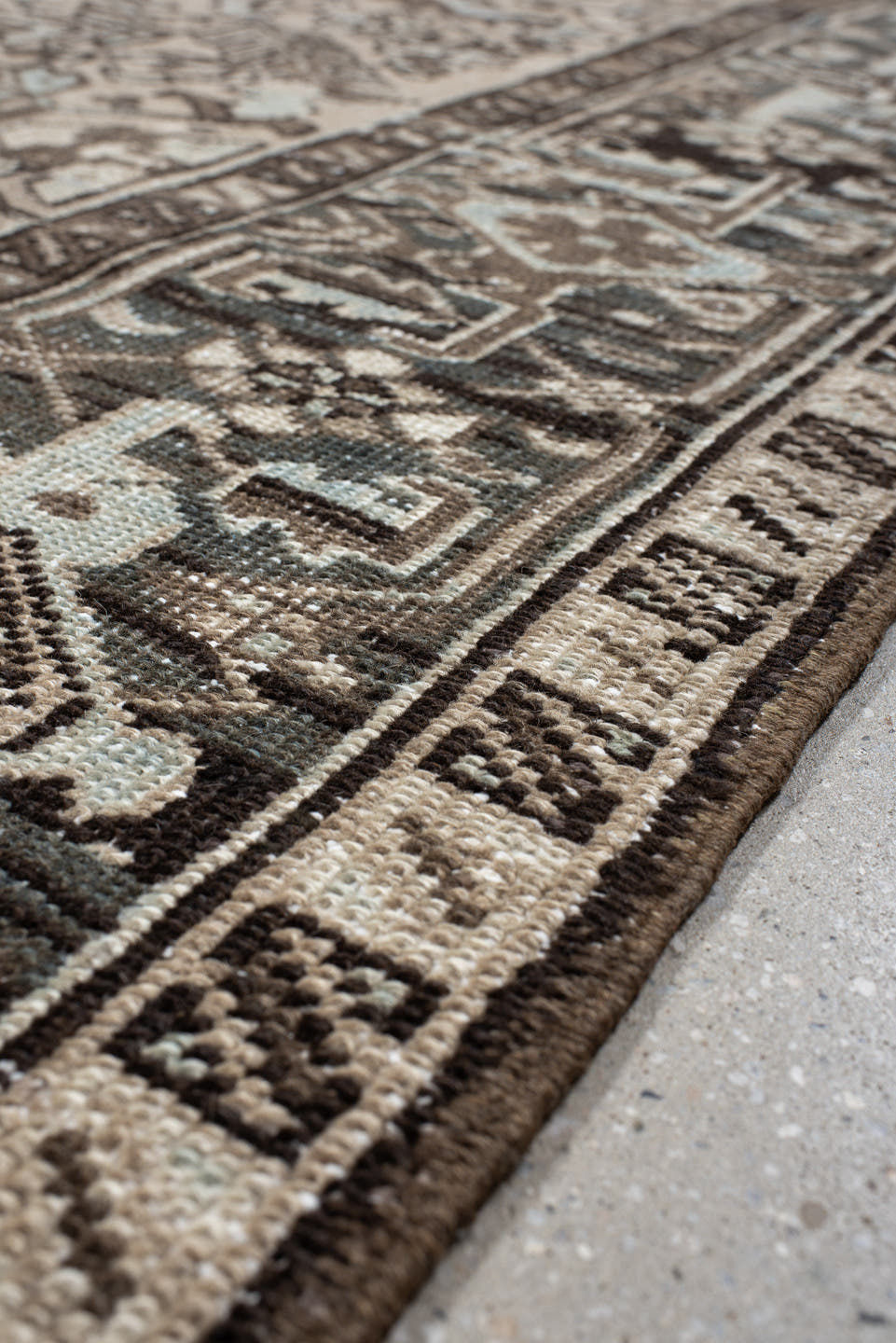 6' x 8' one-of-a-kind handmade antique  medium size rug. Color palette: ivory, taupe, slate, charcoal, brown, sky blue