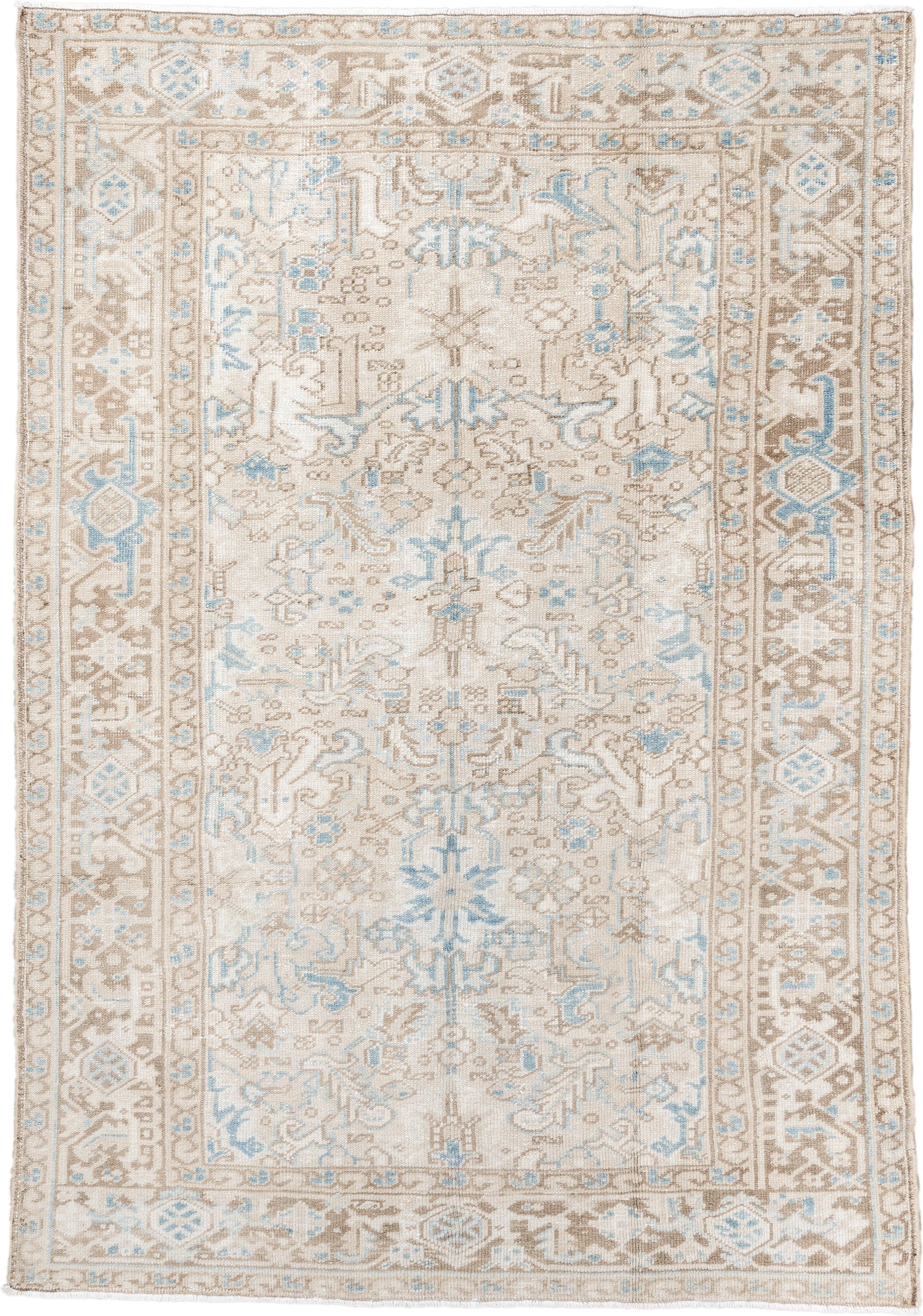 5' x 8' one-of-a-kind handmade vintage Heriz medium size rug. Color palette: ivory, taupe, sky blue, beige, gray, light blue