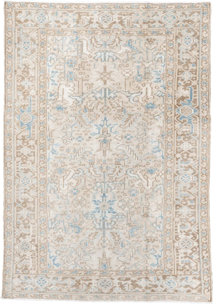5' x 8' one-of-a-kind handmade vintage Heriz medium size rug. Color palette: ivory, taupe, sky blue, beige, gray, light blue