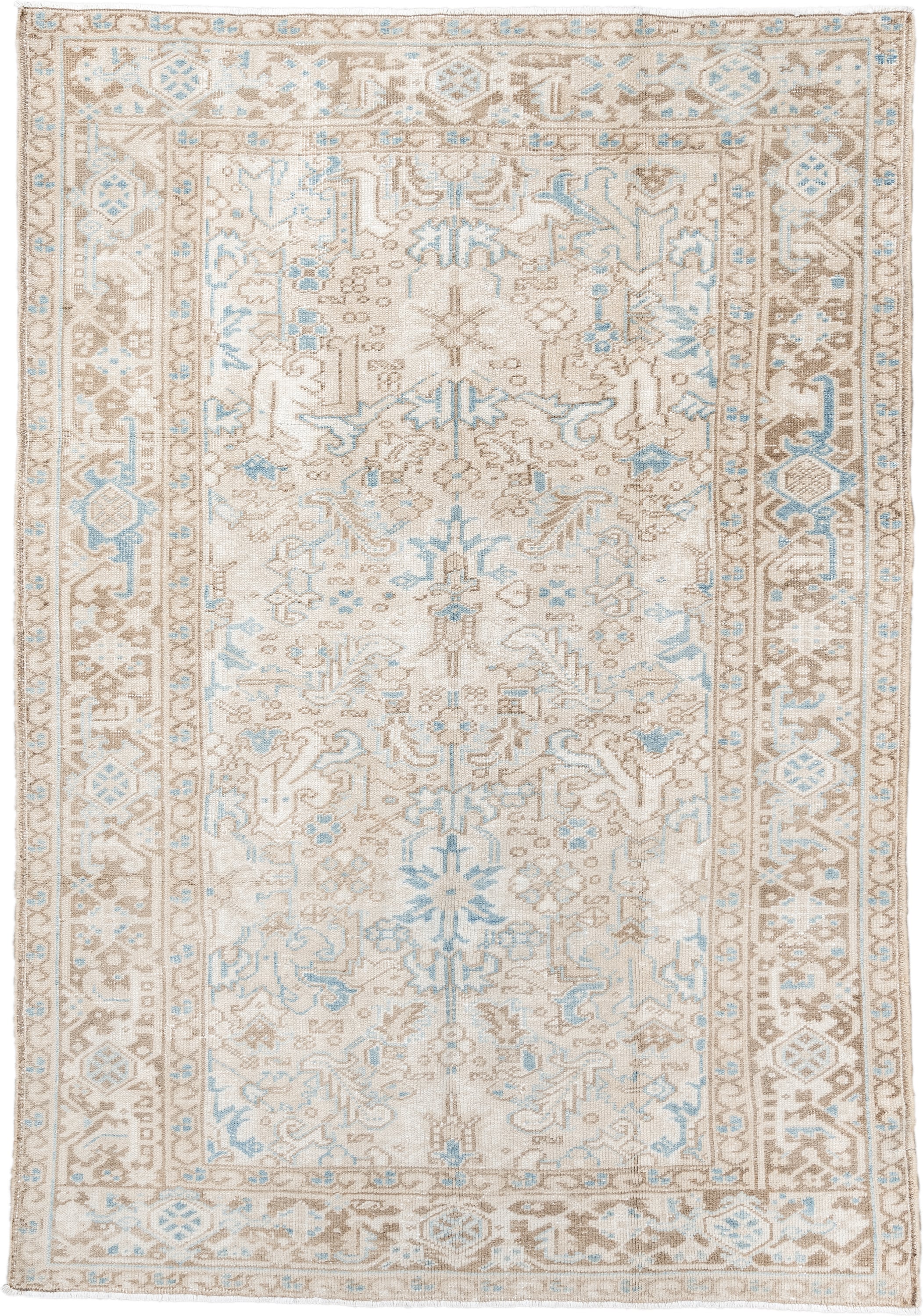 5' x 8' one-of-a-kind handmade vintage Heriz medium size rug. Color palette: ivory, taupe, sky blue, beige, gray, light blue