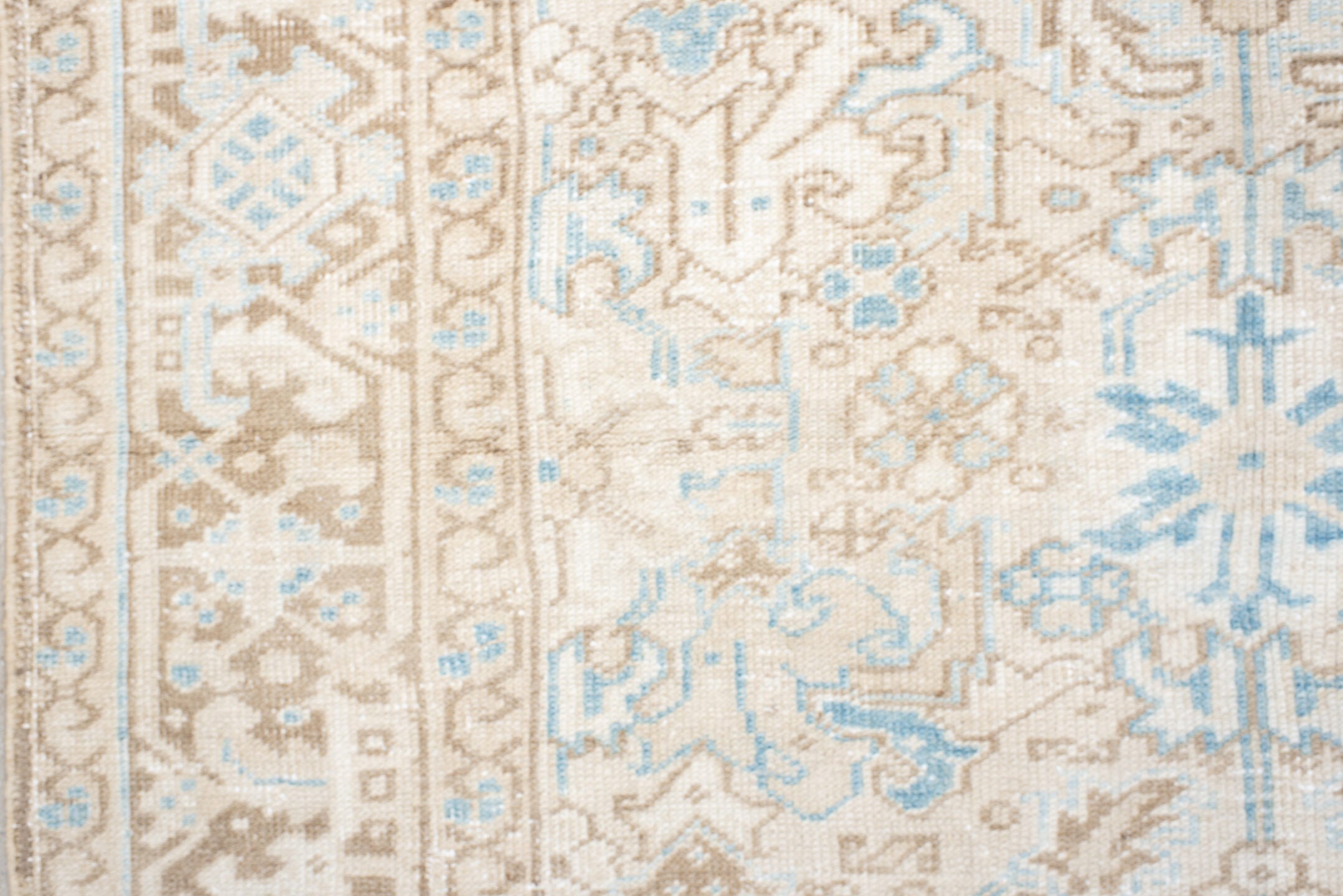 5' x 8' one-of-a-kind handmade vintage Heriz medium size rug. Color palette: ivory, taupe, sky blue, beige, gray, light blue