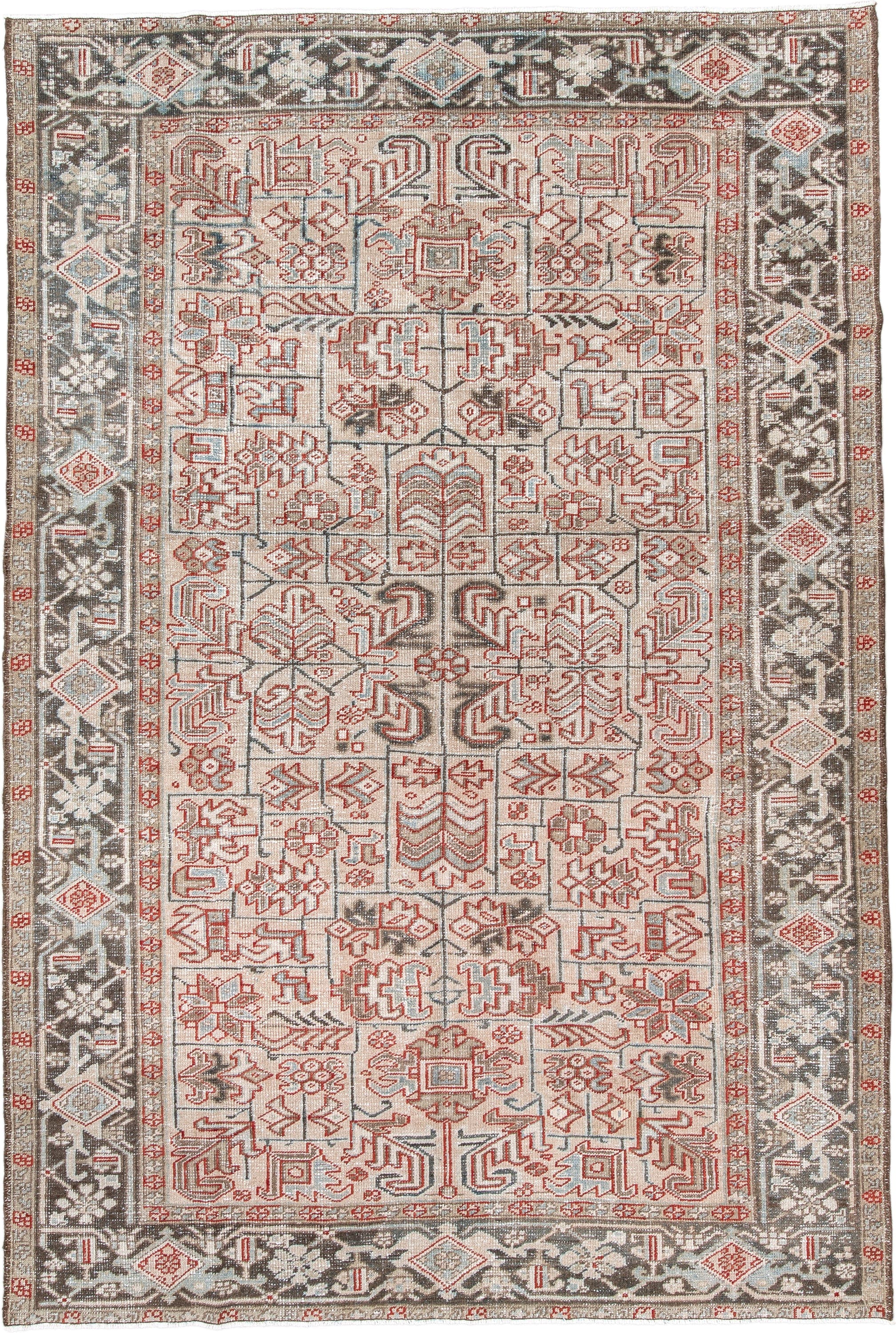 6' x 9' one-of-a-kind handmade antique Heriz medium size rug. Color palette: ivory, charcoal, rust, sky_blue, taupe, gray
