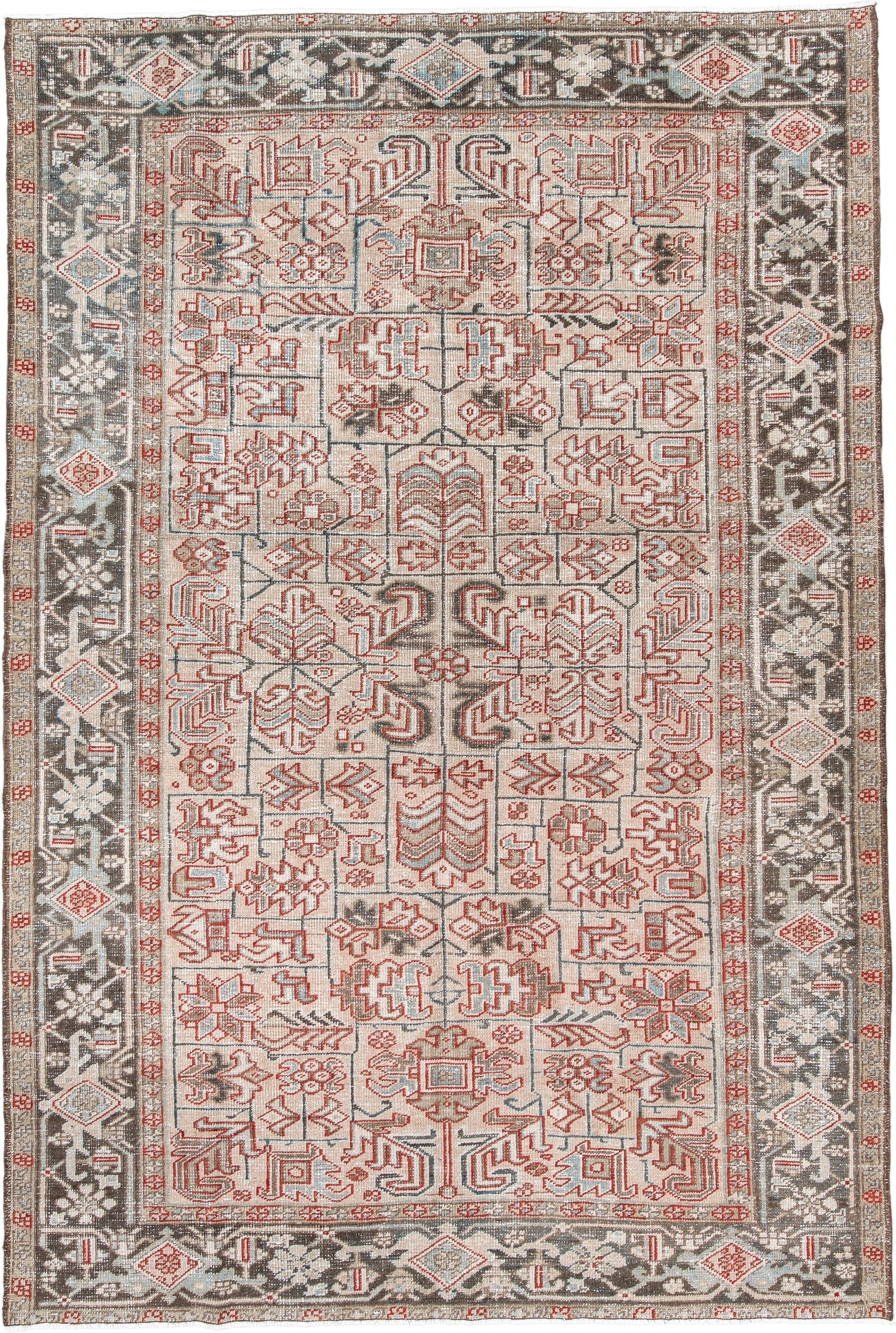 6' x 9' one-of-a-kind handmade antique Heriz medium size rug. Color palette: ivory, charcoal, rust, sky_blue, taupe, gray