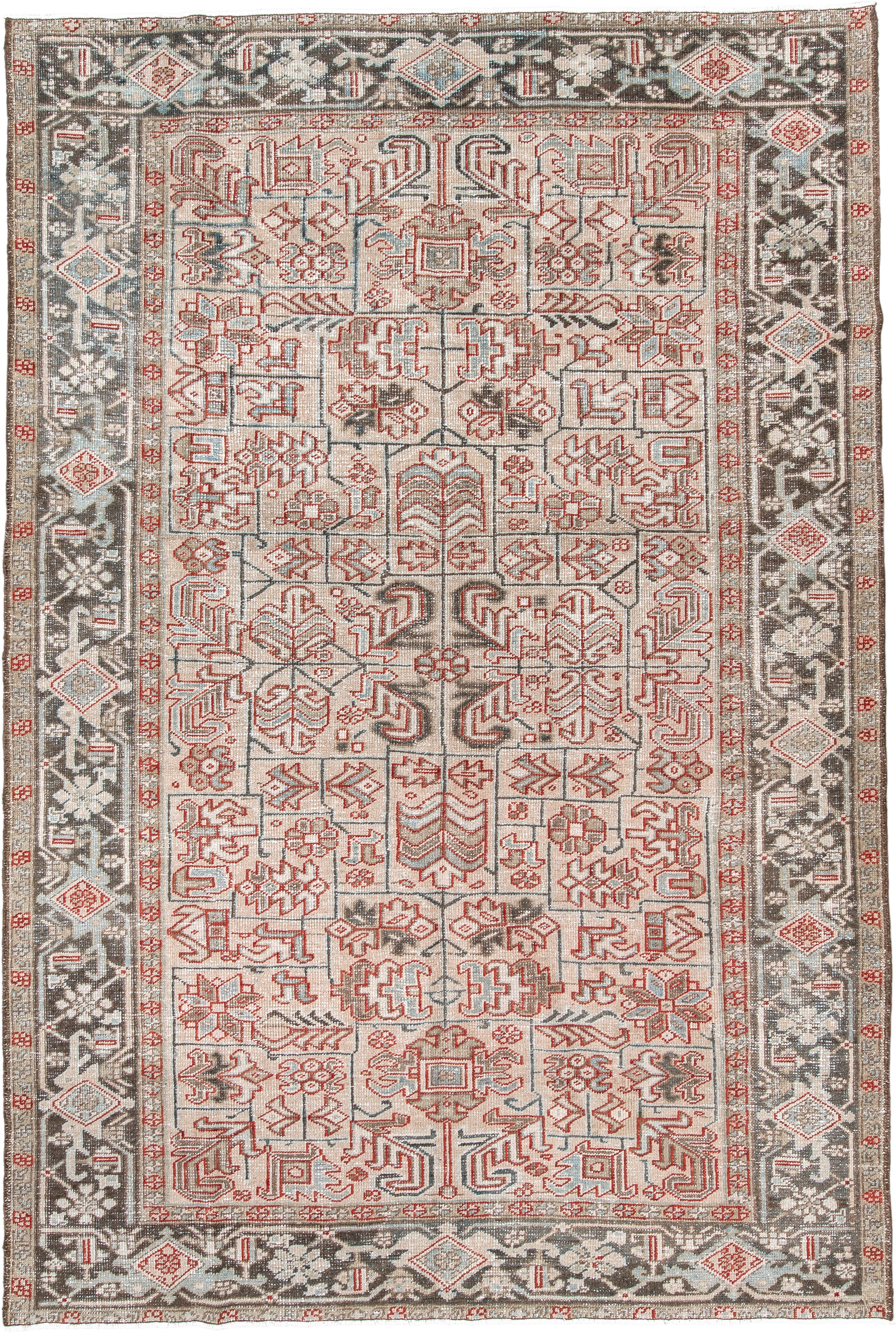 6' x 9' one-of-a-kind handmade antique Heriz medium size rug. Color palette: ivory, charcoal, rust, sky_blue, taupe, gray