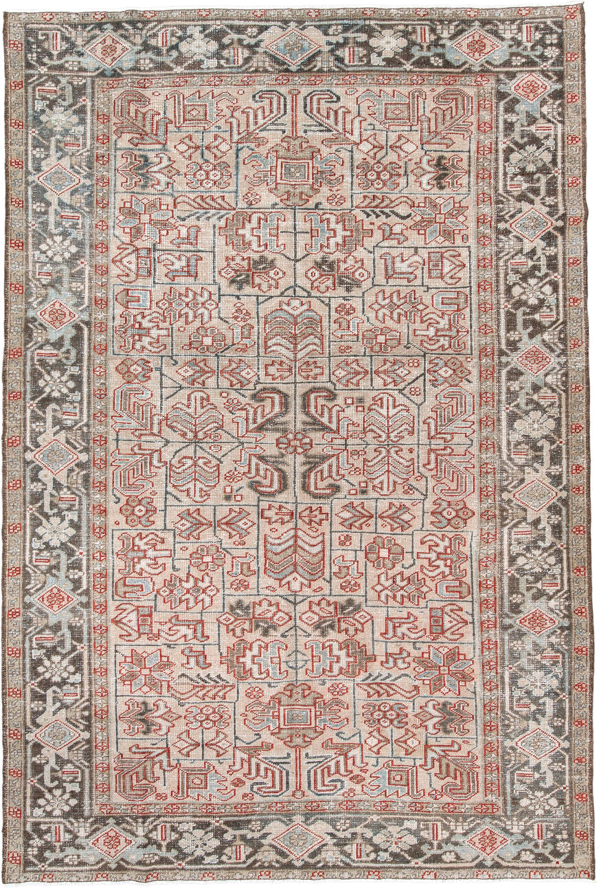 6' x 9' one-of-a-kind handmade antique Heriz medium size rug. Color palette: ivory, charcoal, rust, sky_blue, taupe, gray