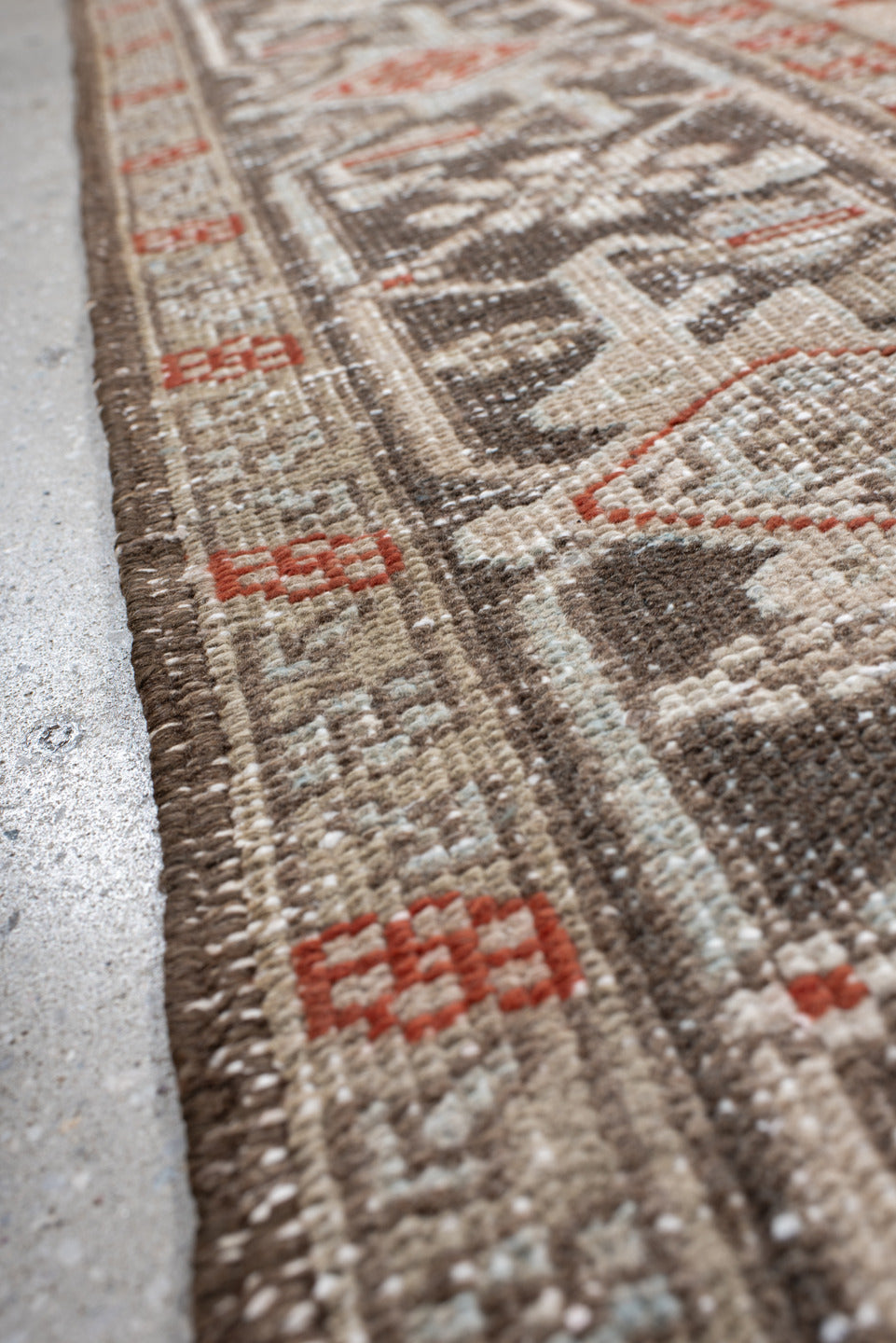 6' x 9' one-of-a-kind handmade vintage Heriz medium size rug. Color palette: gray, off-white, red, brown, pink, light gray