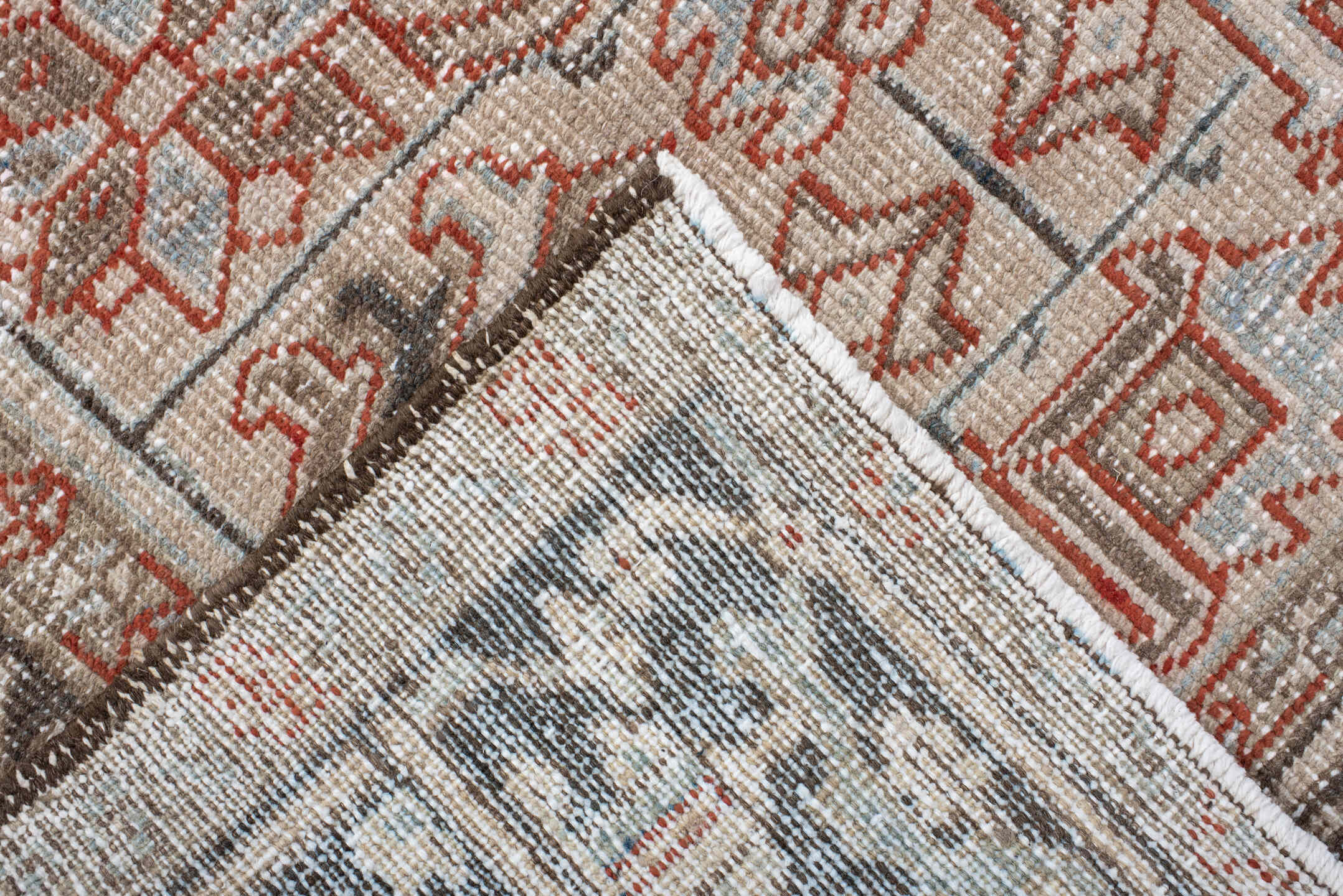 6' x 9' one-of-a-kind handmade antique Heriz medium size rug. Color palette: ivory, charcoal, rust, sky_blue, taupe, gray