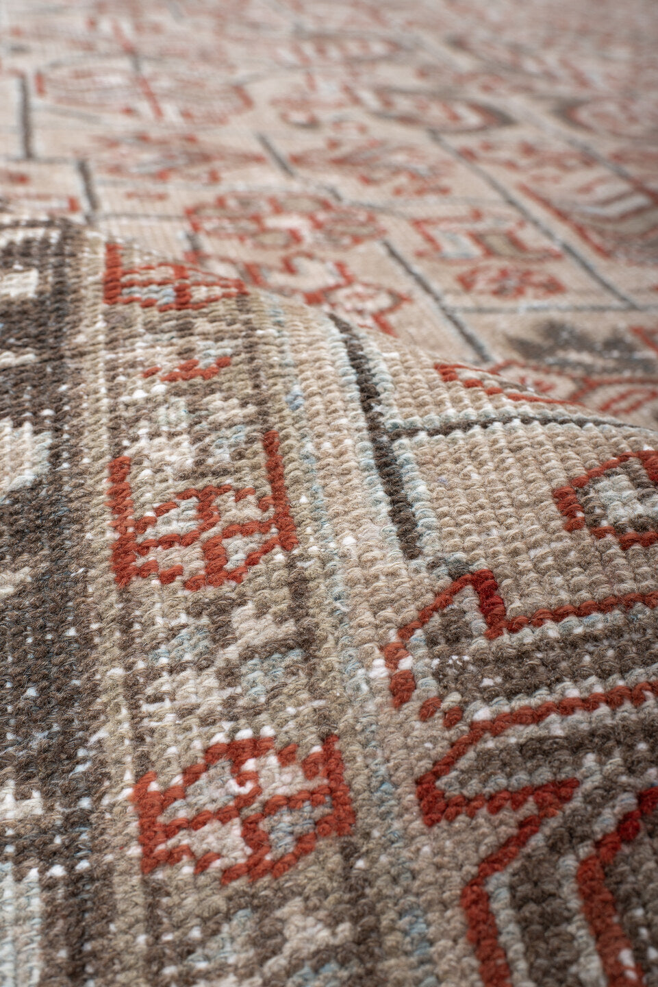 6' x 9' one-of-a-kind handmade vintage Heriz medium size rug. Color palette: gray, off-white, red, brown, pink, light gray