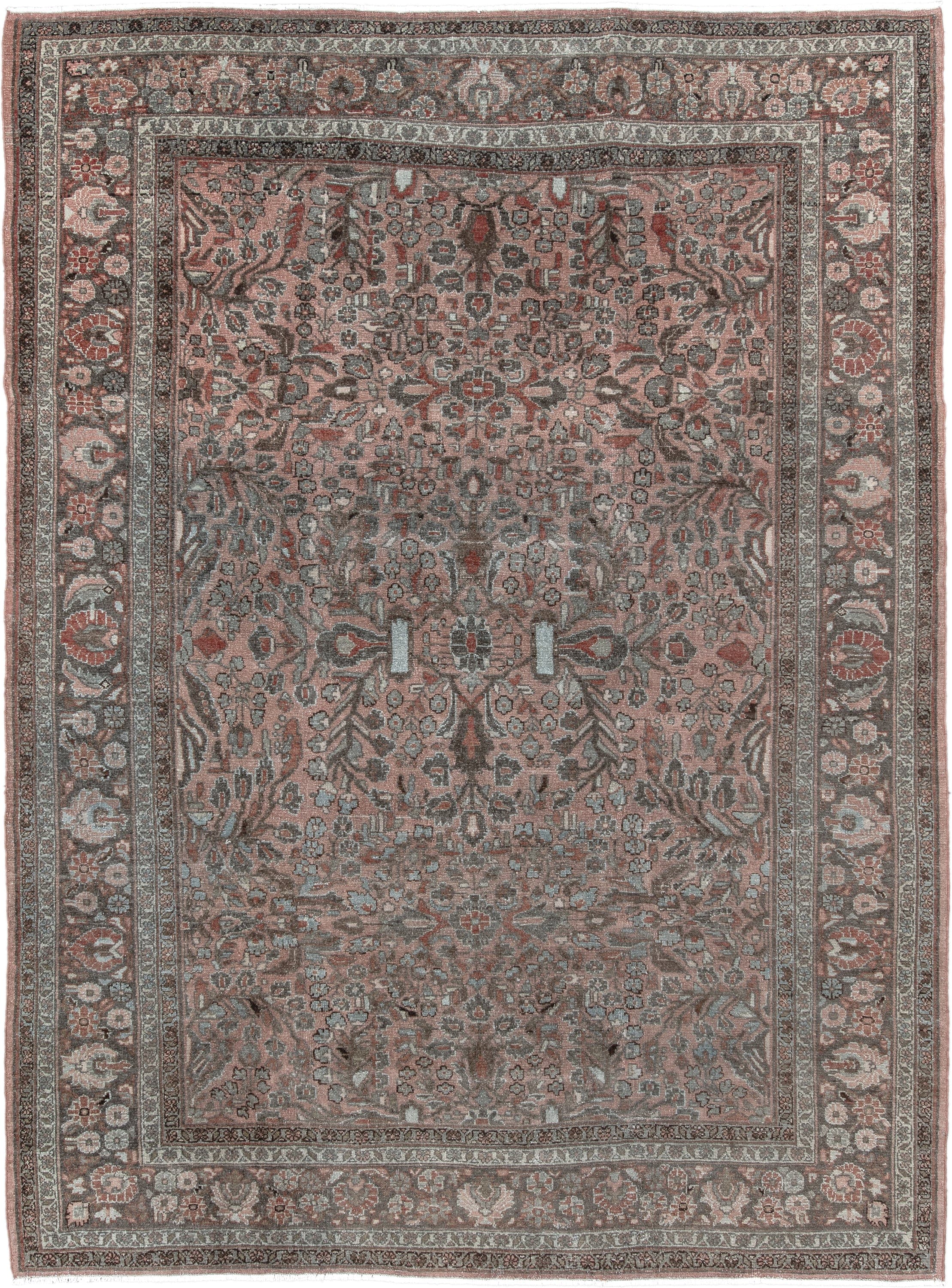 7' x 9' one-of-a-kind handmade antique Lilian rug. Color palette: rose, charcoal, dusty pink, ivory, taupe, rust, slate