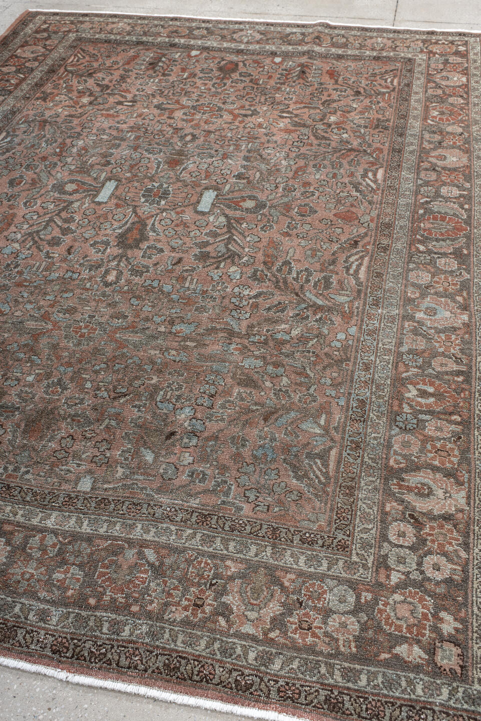 7' x 9' one-of-a-kind handmade antique Lilian rug. Color palette: rose, charcoal, dusty pink, ivory, taupe, rust, slate