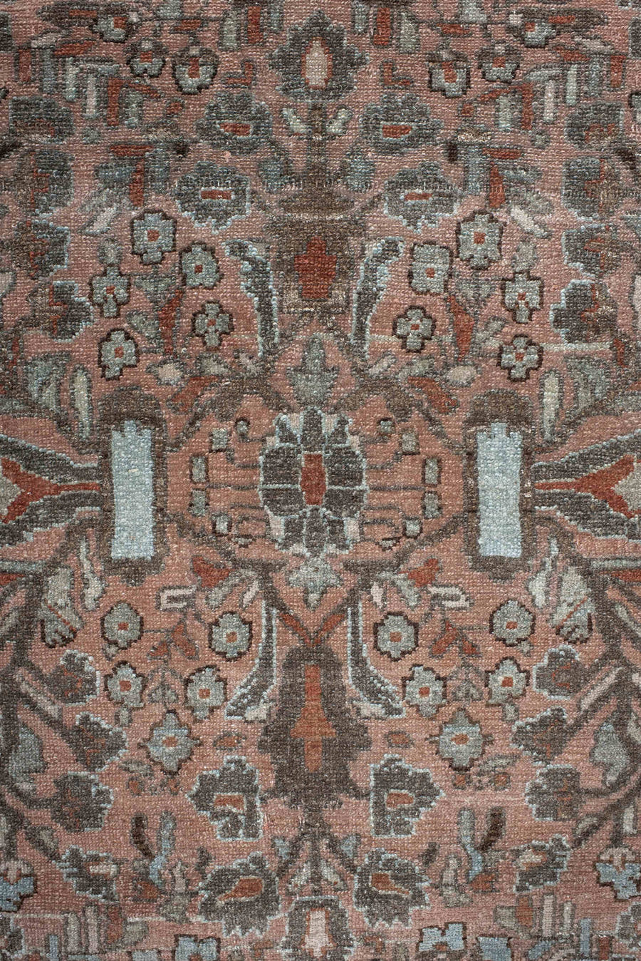 7' x 9' one-of-a-kind handmade antique Lilian rug. Color palette: rose, charcoal, dusty pink, ivory, taupe, rust, slate