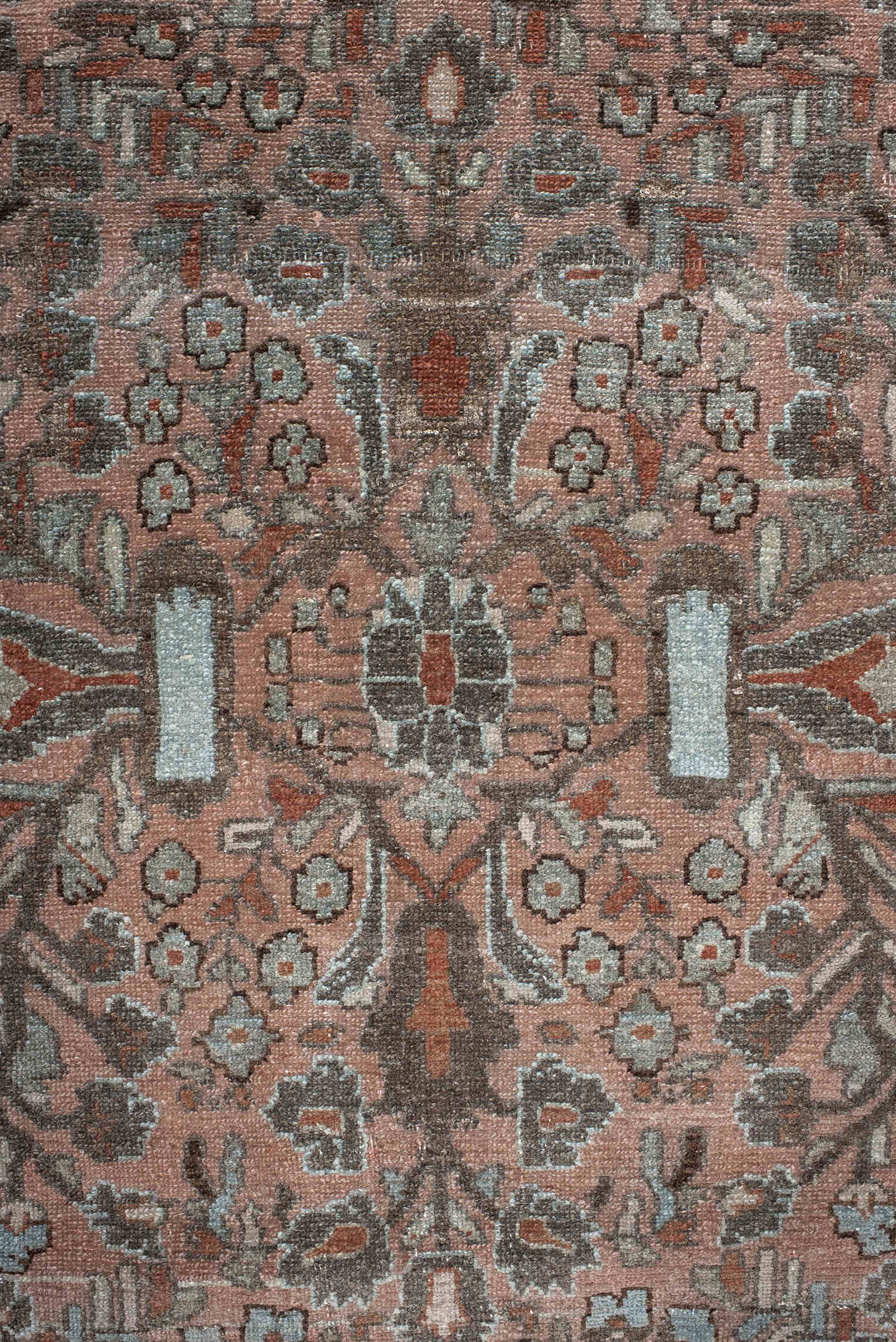 7' x 9' one-of-a-kind handmade antique Lilian rug. Color palette: rose, charcoal, dusty pink, ivory, taupe, rust, slate
