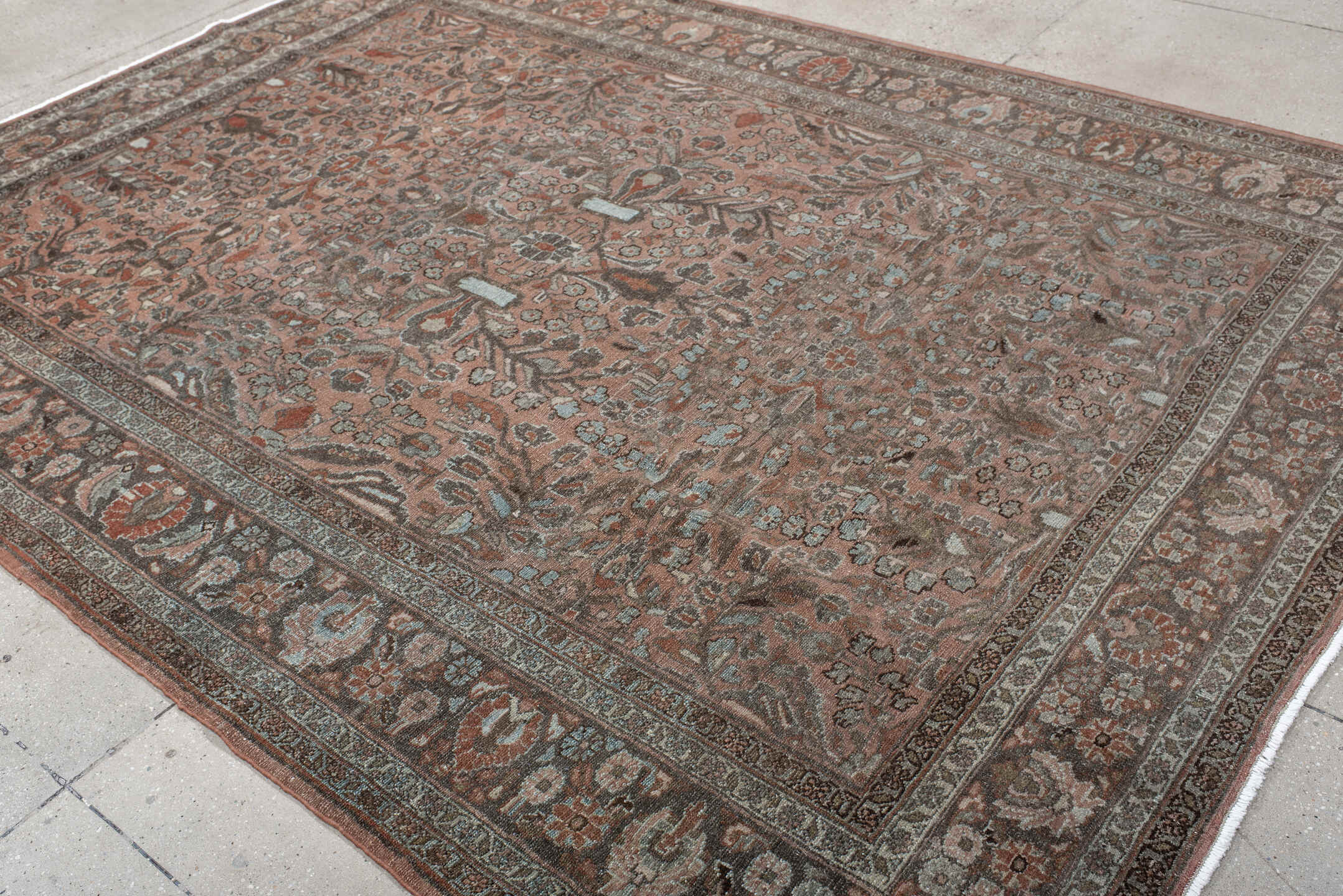 7' x 9' one-of-a-kind handmade antique Lilian rug. Color palette: rose, charcoal, dusty pink, ivory, taupe, rust, slate