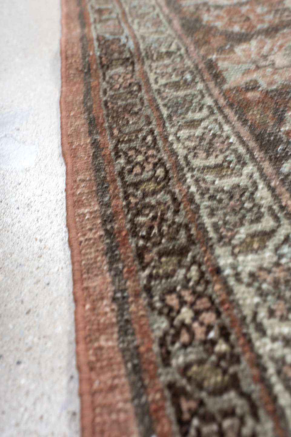 7' x 9' one-of-a-kind handmade antique Lilian rug. Color palette: rose, charcoal, dusty pink, ivory, taupe, rust, slate