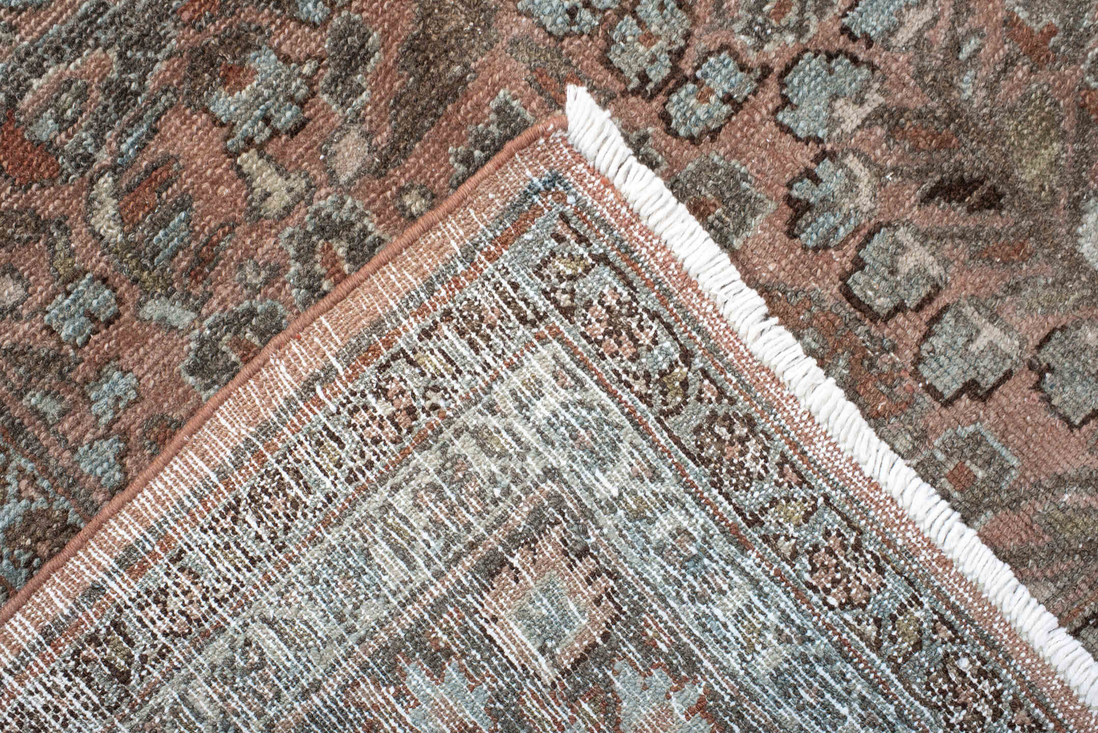 7' x 9' one-of-a-kind handmade antique Lilian rug. Color palette: rose, charcoal, dusty pink, ivory, taupe, rust, slate