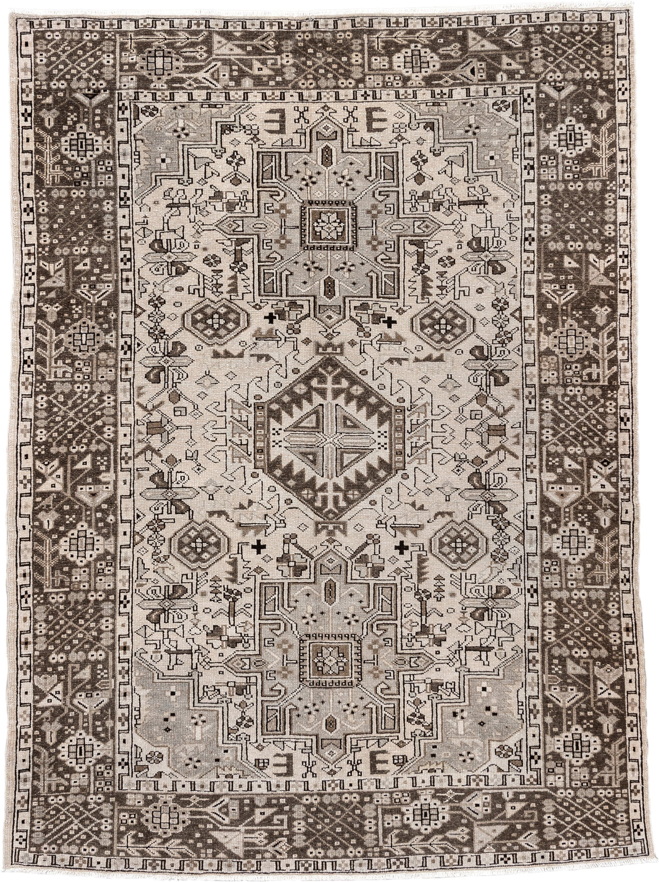 5' x 6' one-of-a-kind handmade antique Karaje rug. Color palette: ivory, brown, taupe, camel, charcoal, beige, gray, black