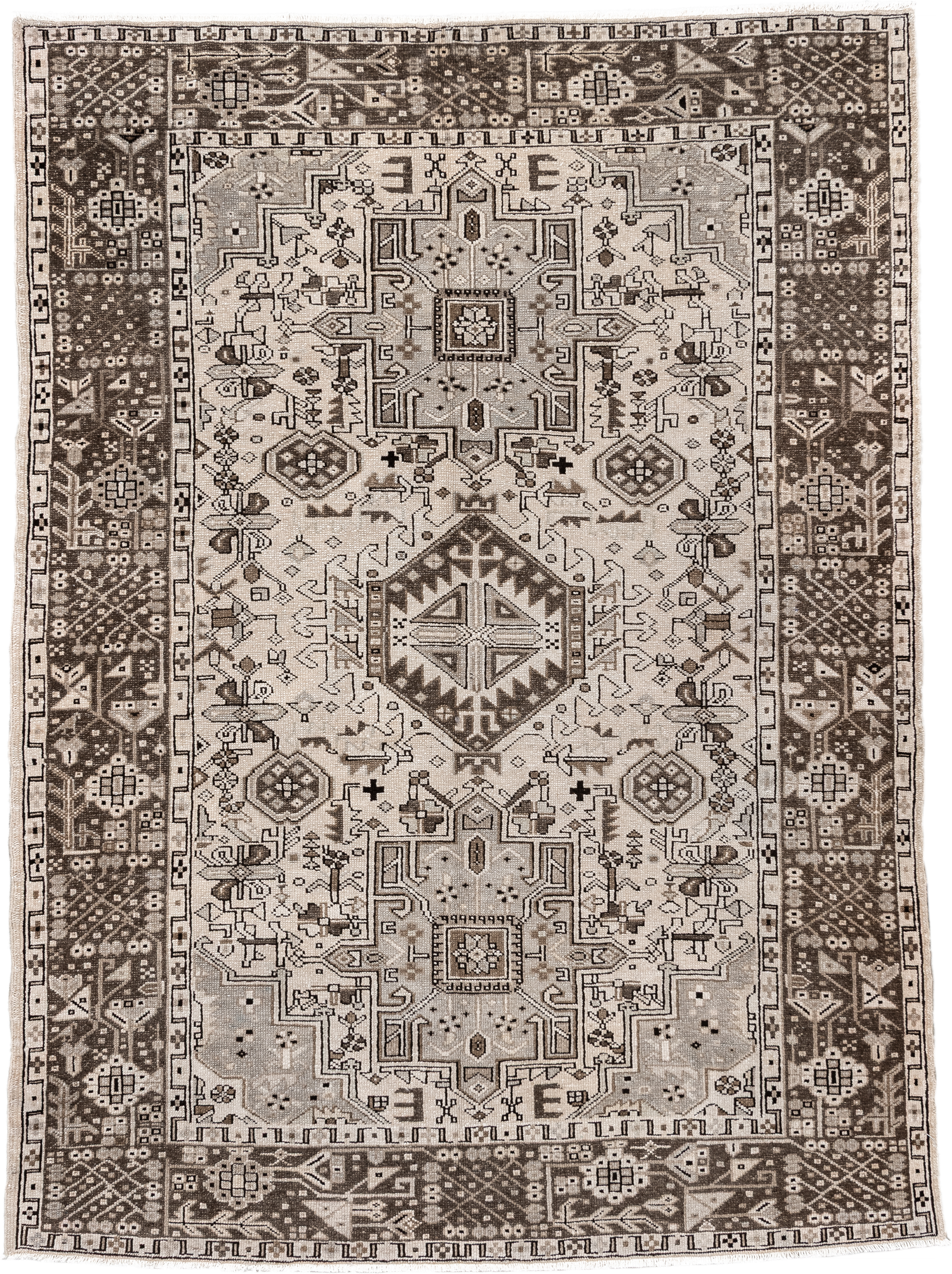 5' x 6' one-of-a-kind handmade antique Karaje rug. Color palette: ivory, brown, taupe, camel, charcoal, beige, gray, black
