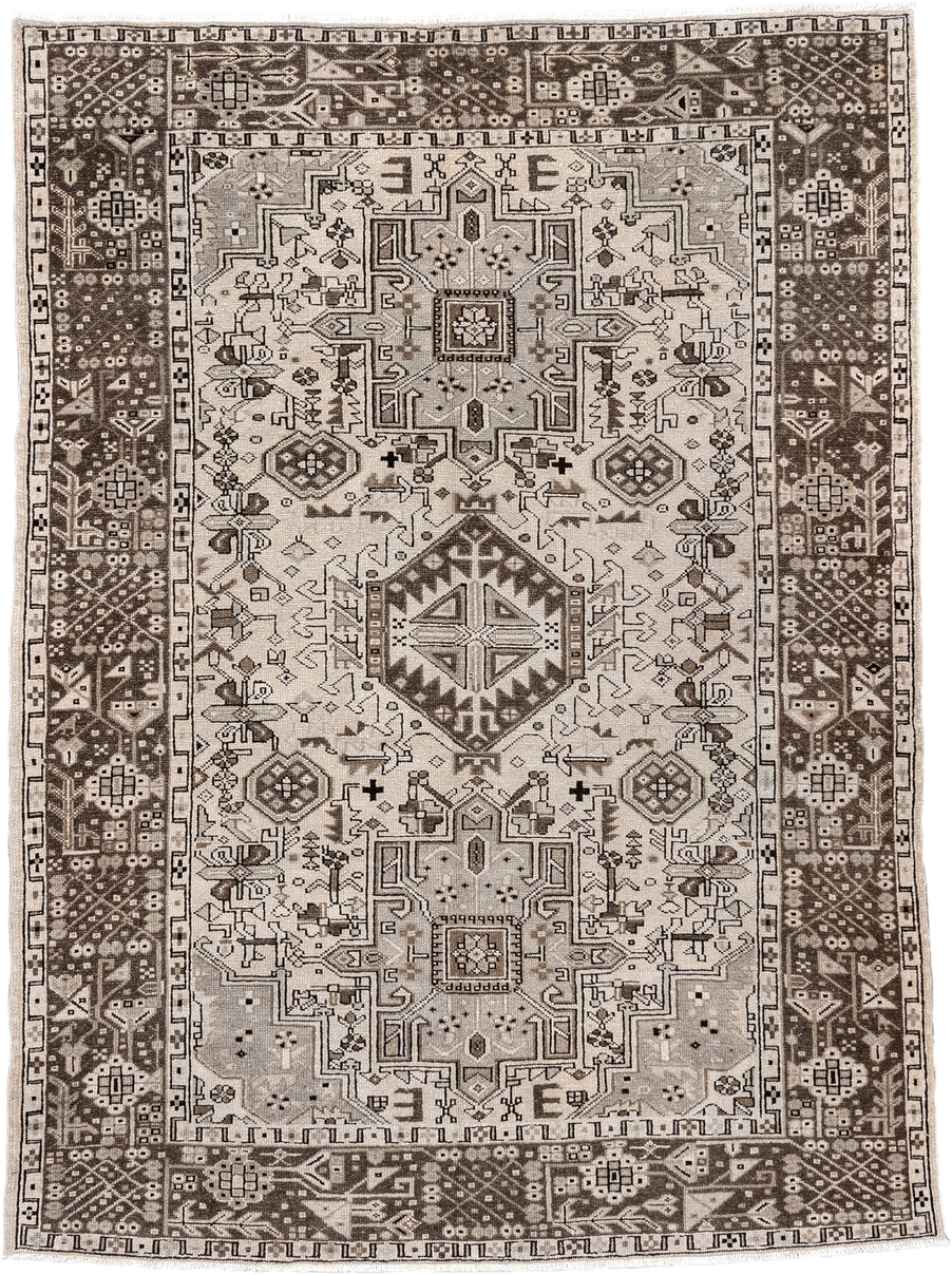 5' x 6' one-of-a-kind handmade antique Karaje rug. Color palette: ivory, brown, taupe, camel, charcoal, beige, gray, black