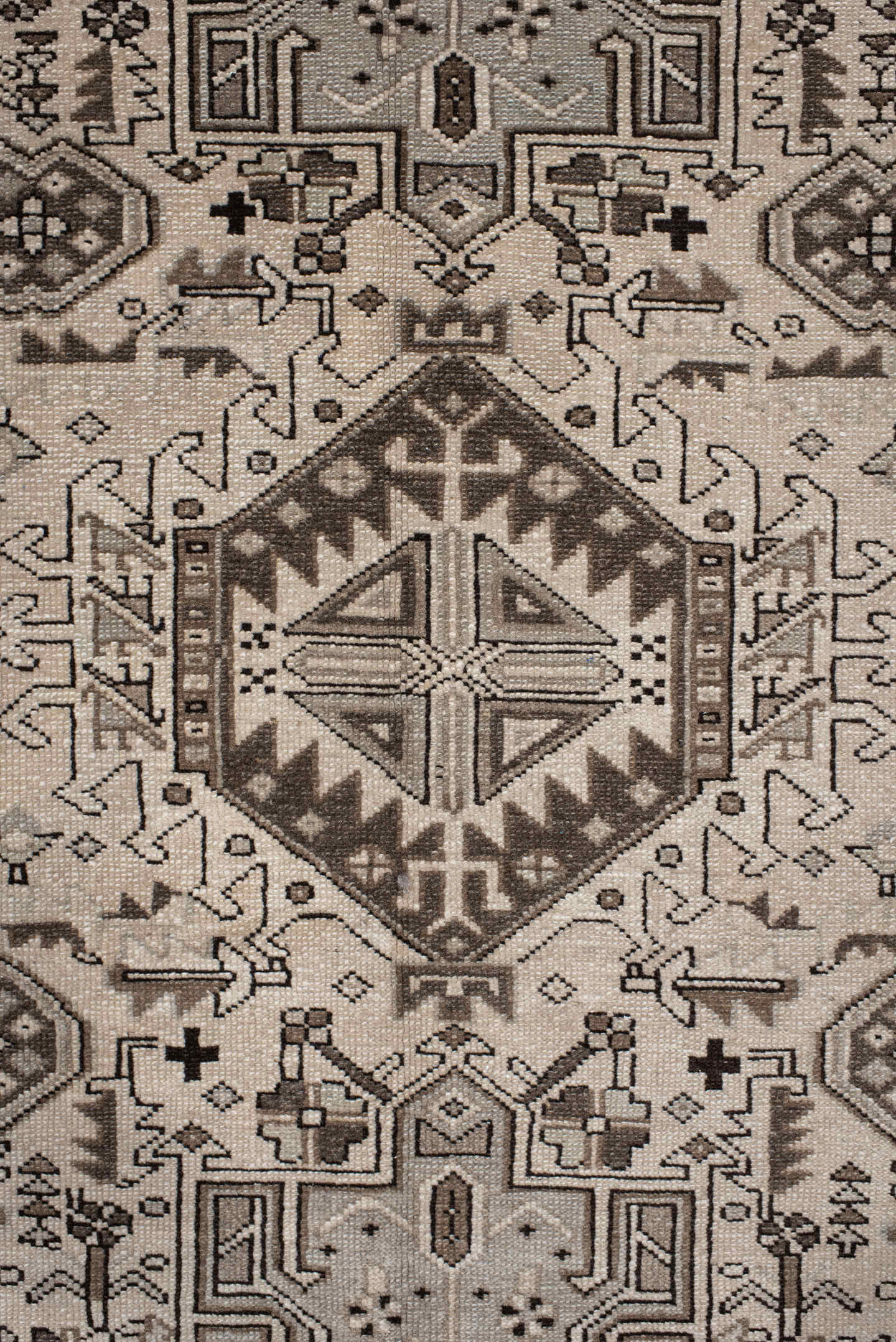 5' x 6' one-of-a-kind handmade antique Karaje rug. Color palette: ivory, brown, taupe, camel, charcoal, beige, gray, black