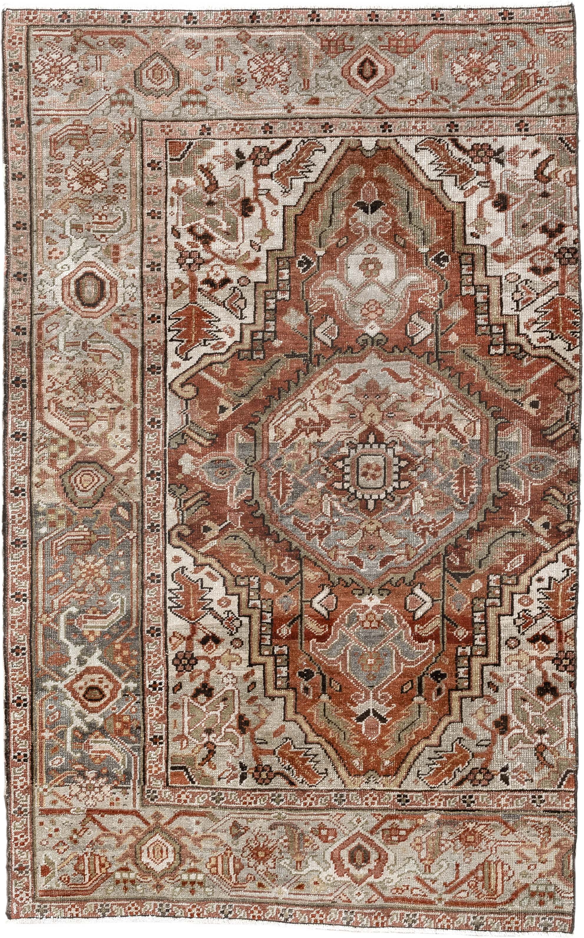 3' x 6' one-of-a-kind handmade vintage Heriz small size rug. Color palette: terra cotta, ivory, sage, taupe, charcoal, rust