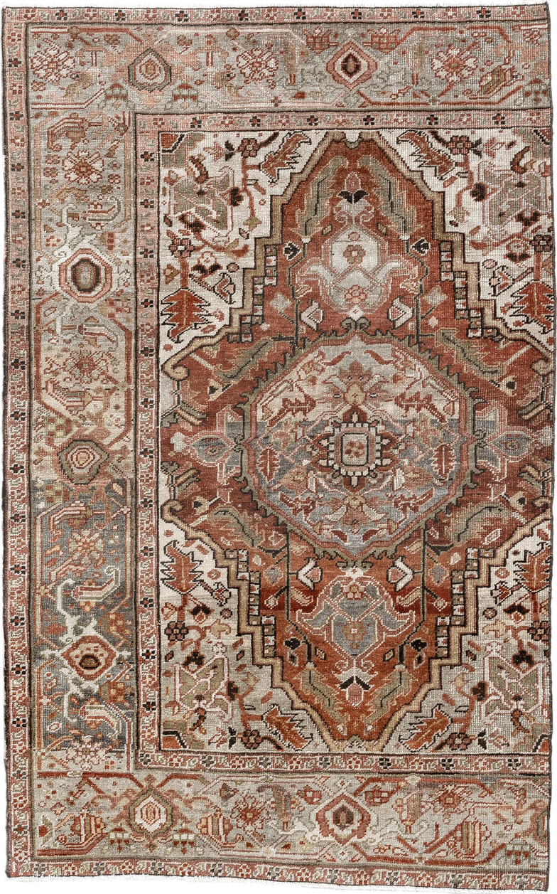 3' x 6' one-of-a-kind handmade vintage Heriz small size rug. Color palette: terra cotta, ivory, sage, taupe, charcoal, rust