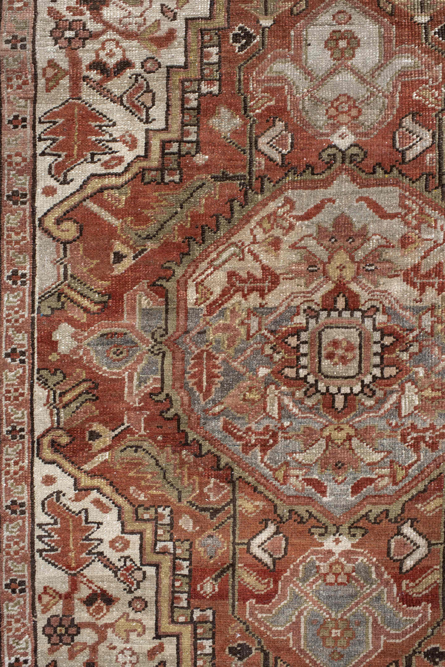3' x 6' one-of-a-kind handmade vintage Heriz small size rug. Color palette: terra cotta, ivory, sage, taupe, charcoal, rust