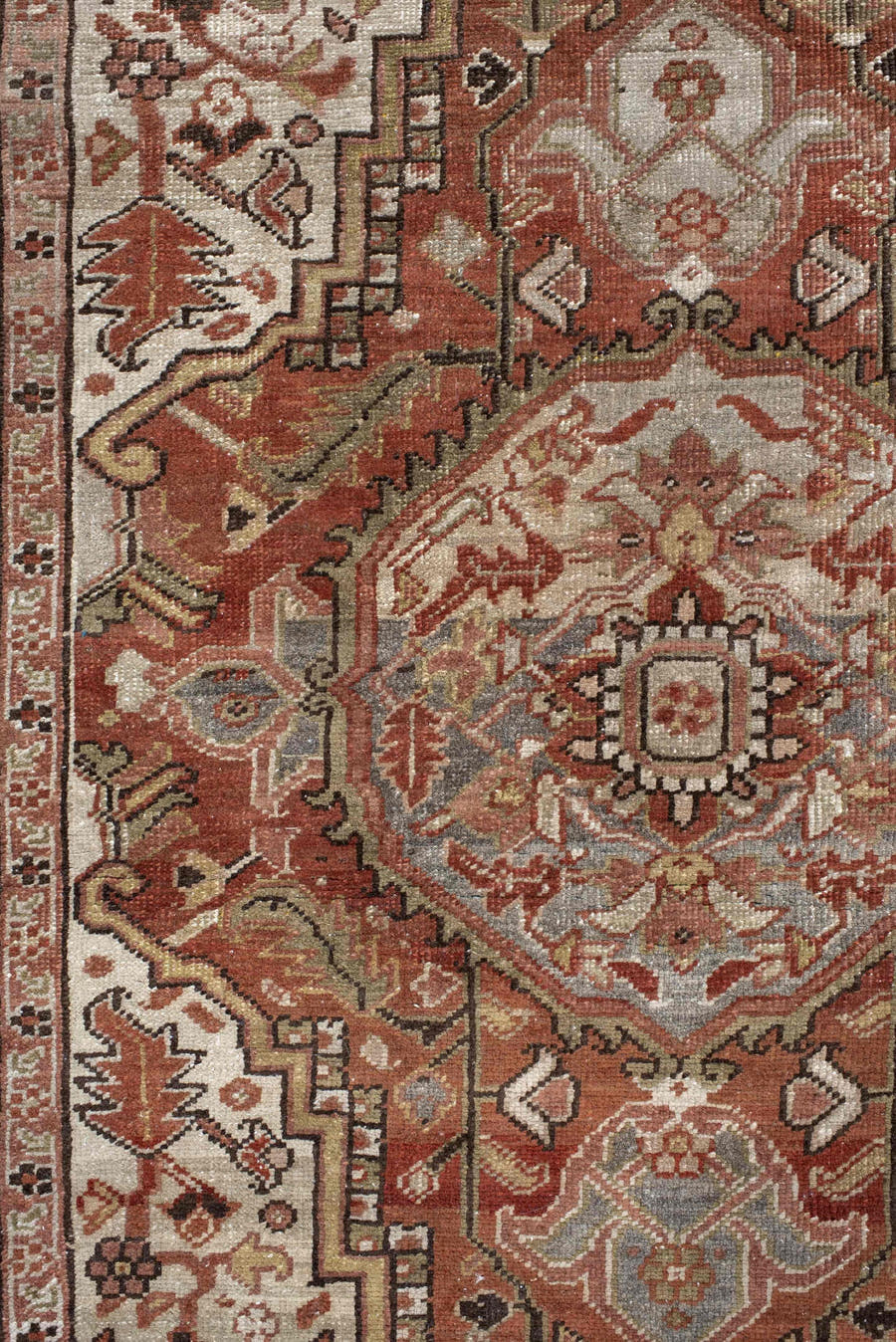 3' x 6' one-of-a-kind handmade vintage Heriz small size rug. Color palette: terra cotta, ivory, sage, taupe, charcoal, rust