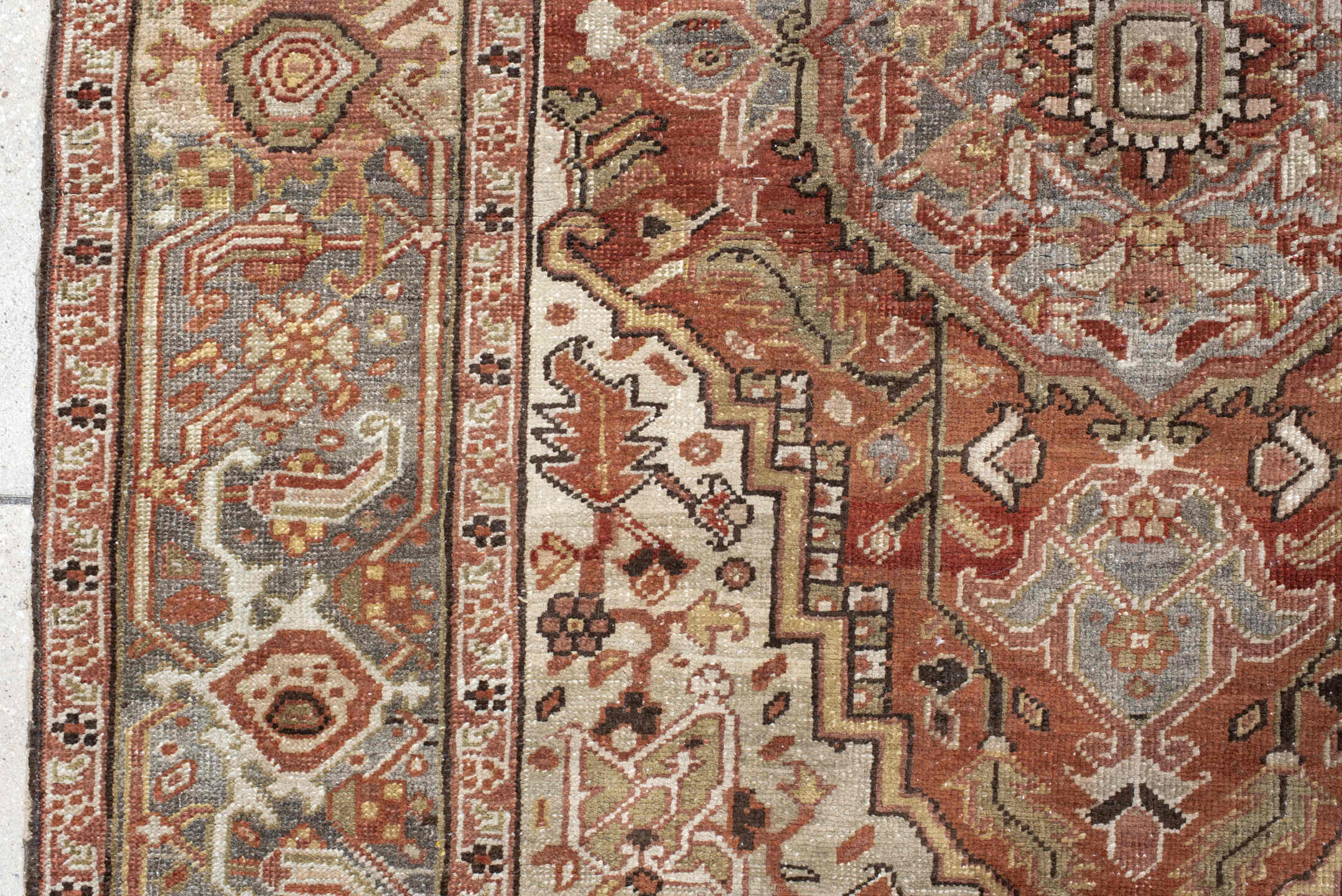 3' x 6' one-of-a-kind handmade vintage Heriz small size rug. Color palette: terra cotta, ivory, sage, taupe, charcoal, rust