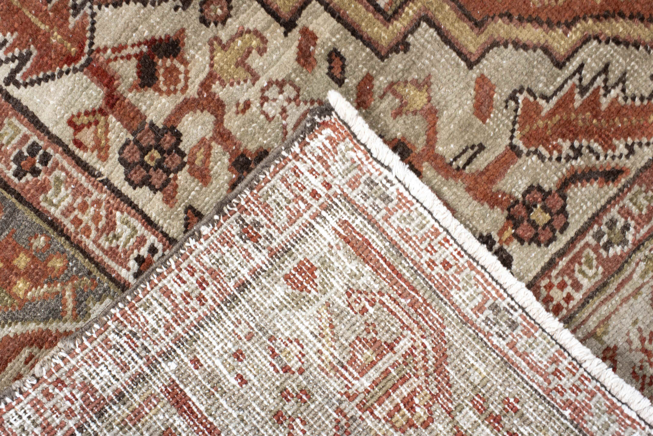 3' x 6' one-of-a-kind handmade vintage Heriz small size rug. Color palette: terra cotta, ivory, sage, taupe, charcoal, rust