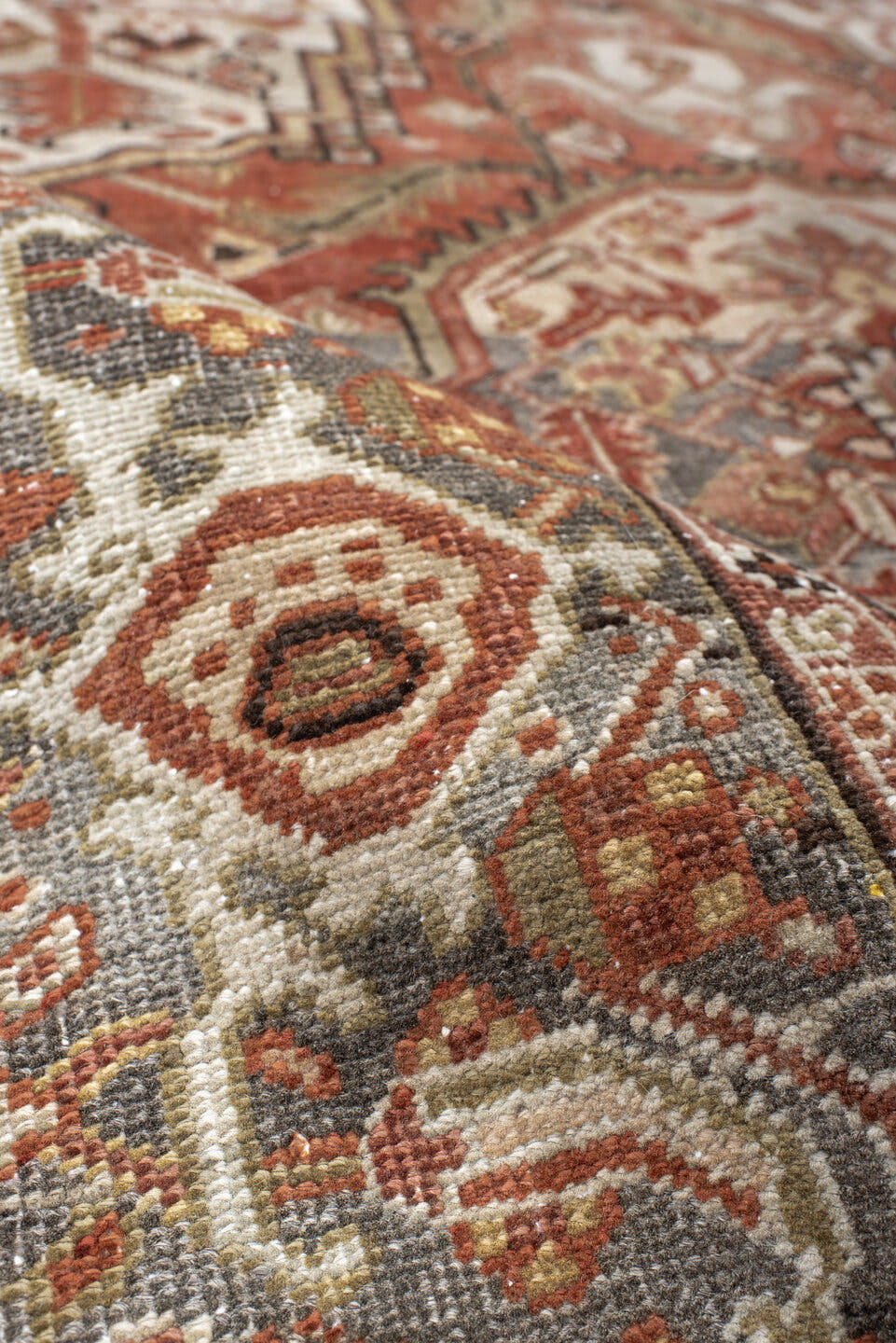 3' x 6' one-of-a-kind handmade vintage Heriz small size rug. Color palette: terra cotta, ivory, sage, taupe, charcoal, rust